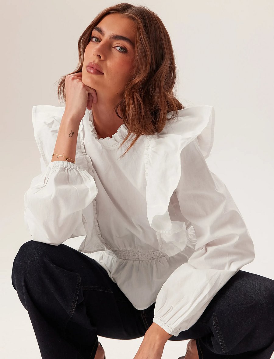Bubbleroom - Cotton Frill Blouse - långärmade blusar - white - 2