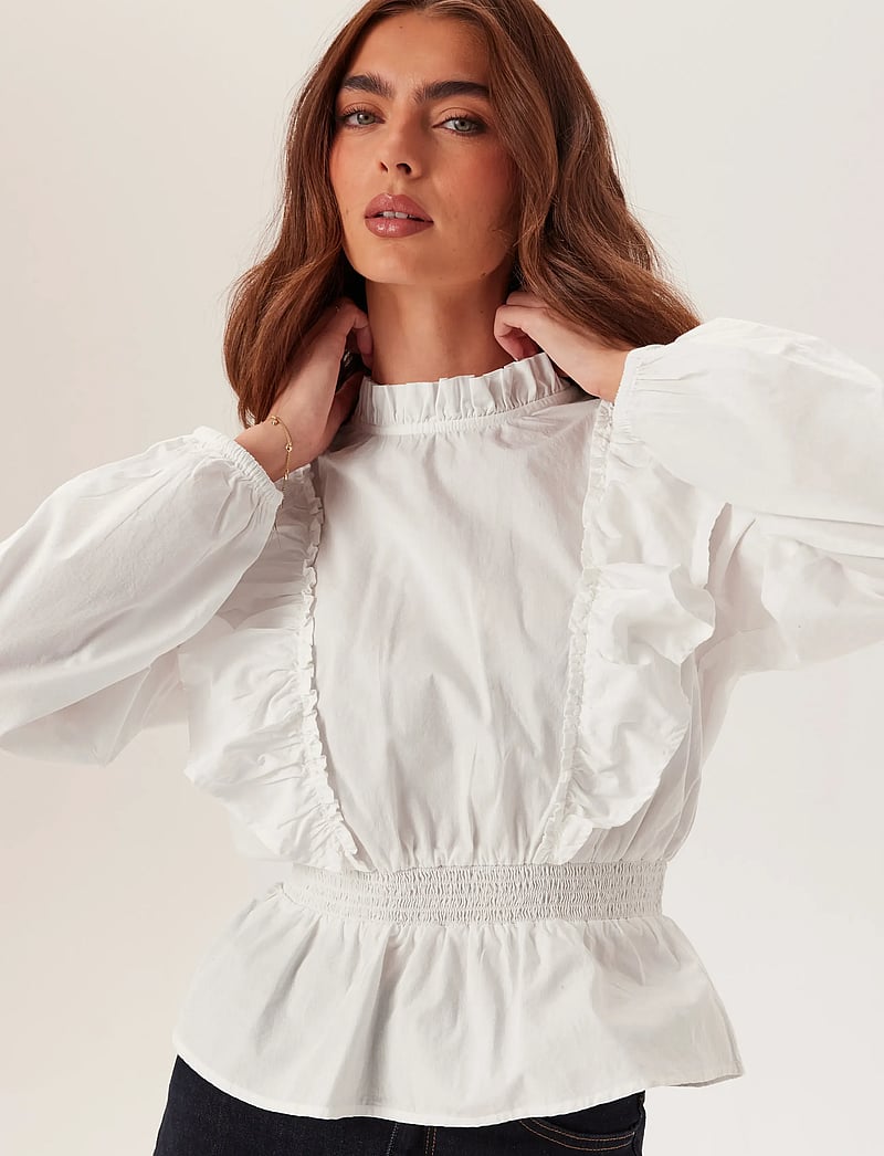 Bubbleroom - Cotton Frill Blouse - långärmade blusar - white - 4