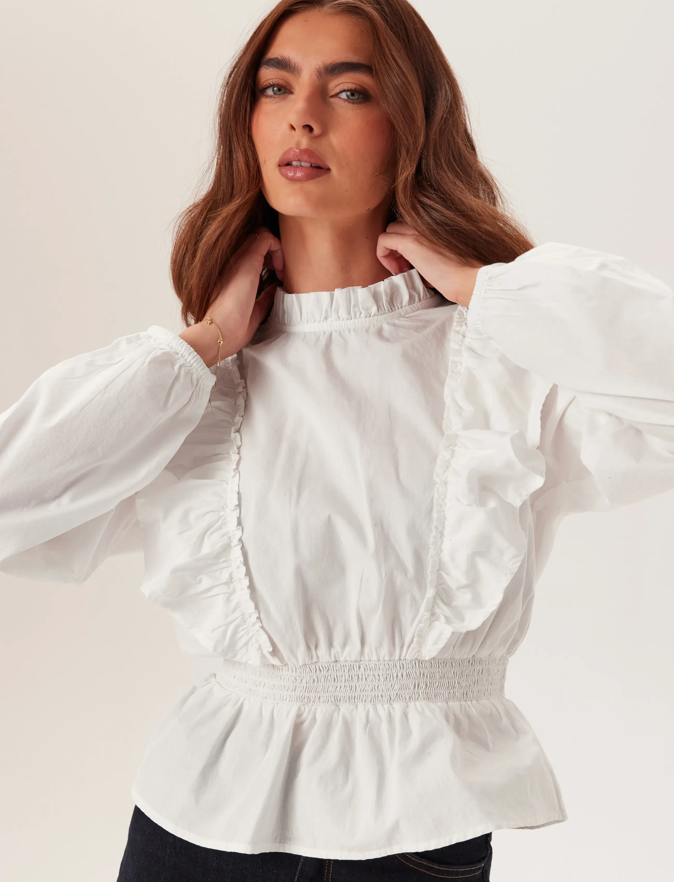 Bubbleroom - Cotton Frill Blouse - langærmede bluser - white - 4