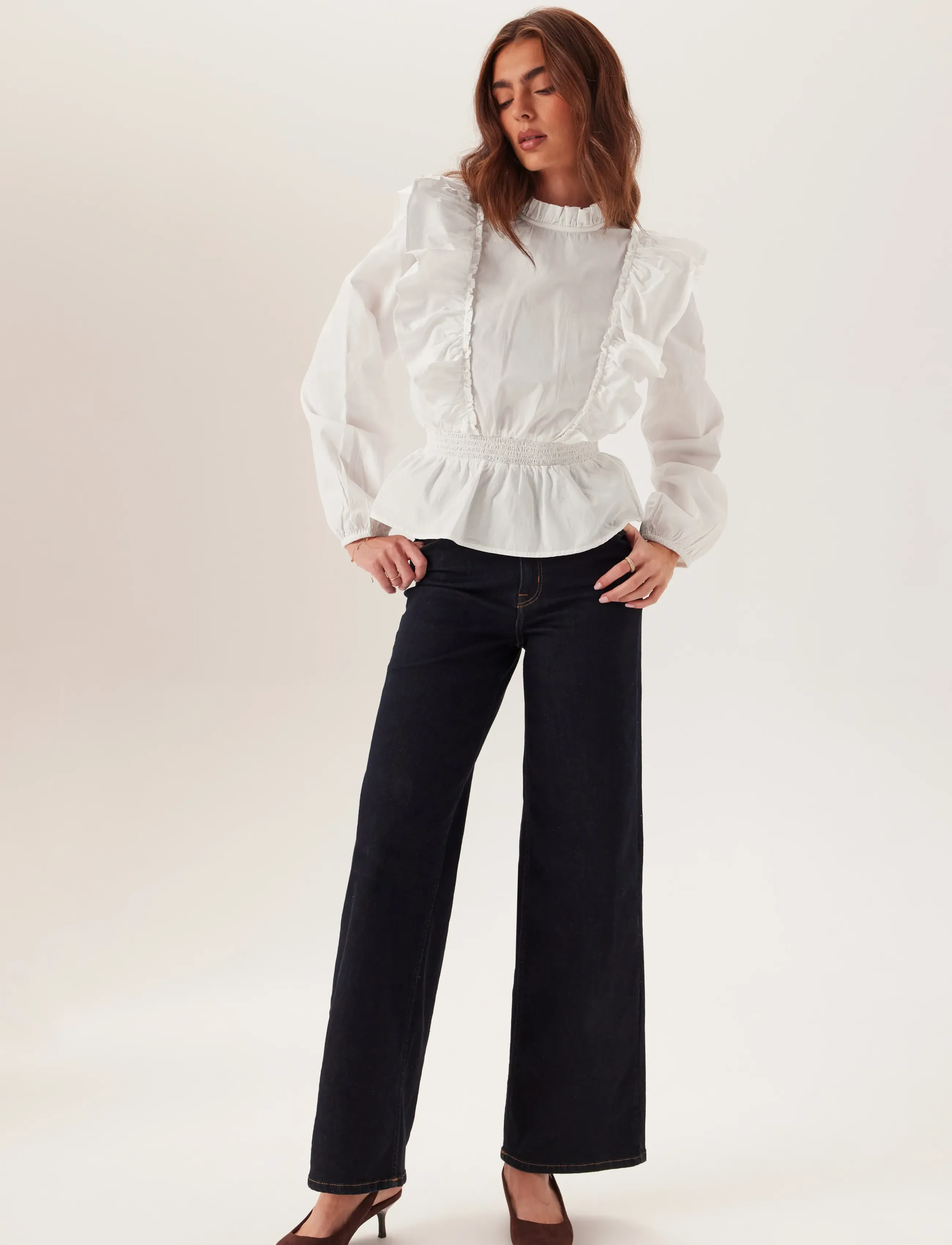 Bubbleroom - Cotton Frill Blouse - langærmede bluser - white - 5