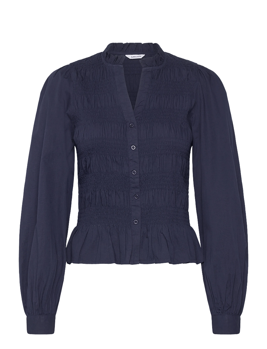 Bubbleroom - V-neck Cotton Smock Blouse - langärmelige blusen - navy - 1