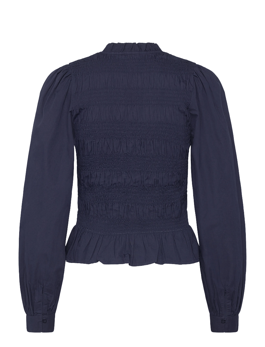 Bubbleroom - V-neck Cotton Smock Blouse - langärmelige blusen - navy - 2
