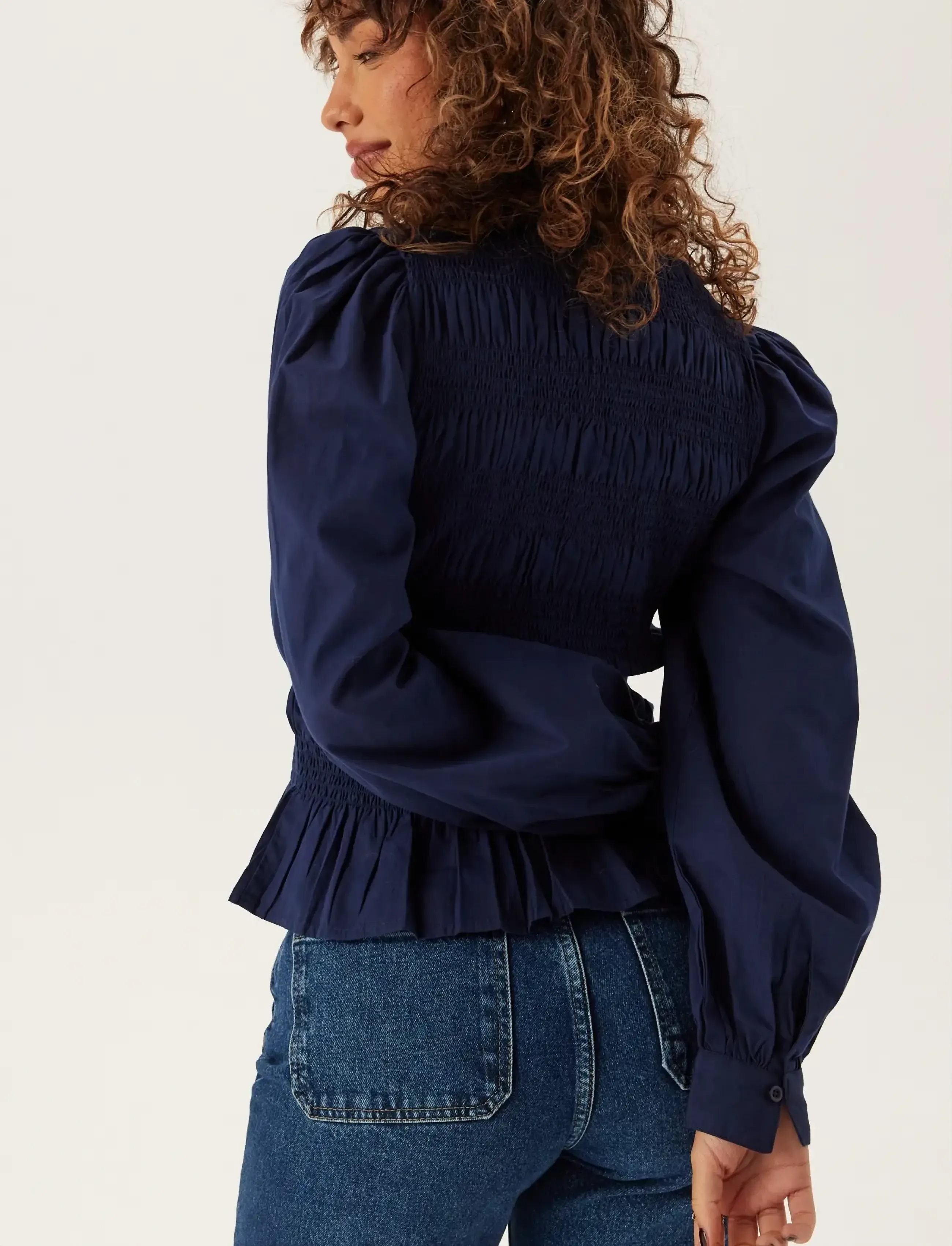 Bubbleroom - V-neck Cotton Smock Blouse - langærmede bluser - navy - 3