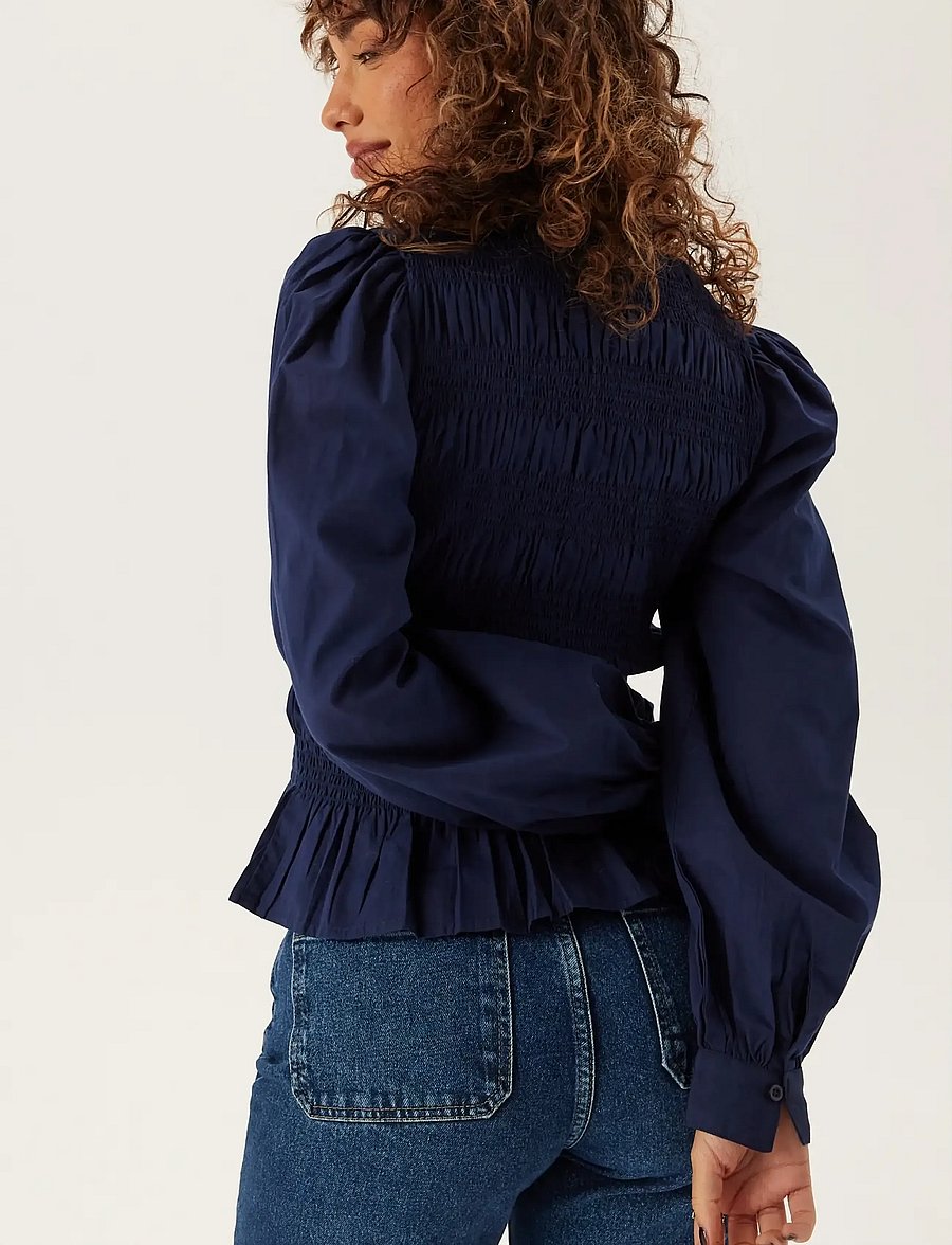 Bubbleroom - V-neck Cotton Smock Blouse - langärmelige blusen - navy - 3