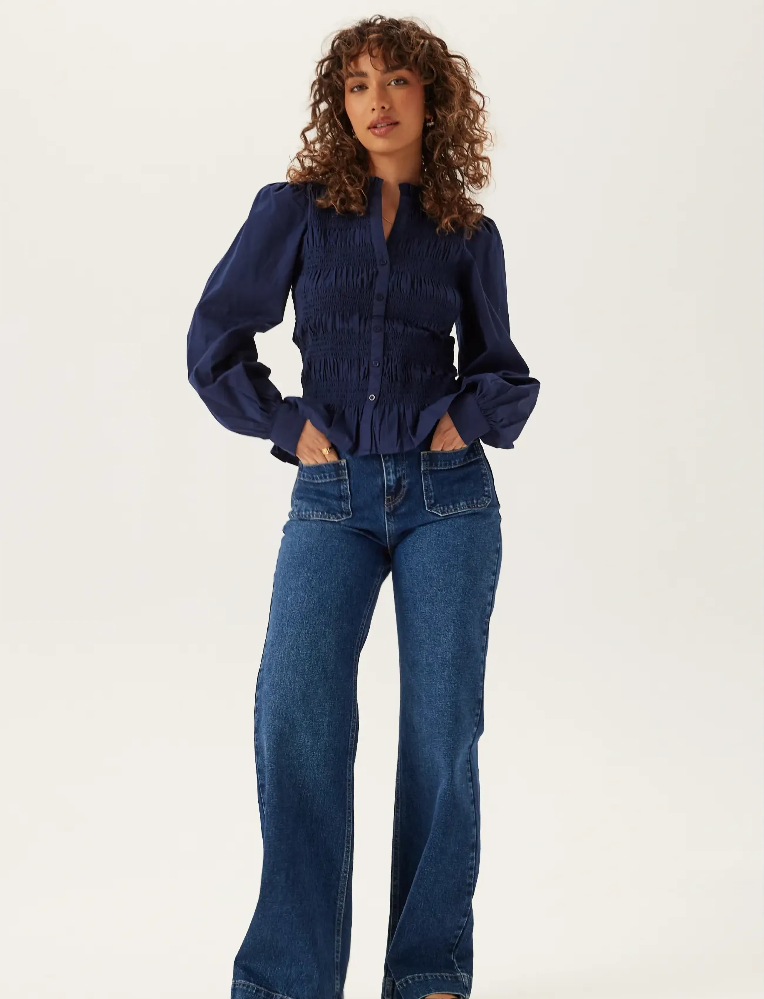 Bubbleroom - V-neck Cotton Smock Blouse - langærmede bluser - navy - 4