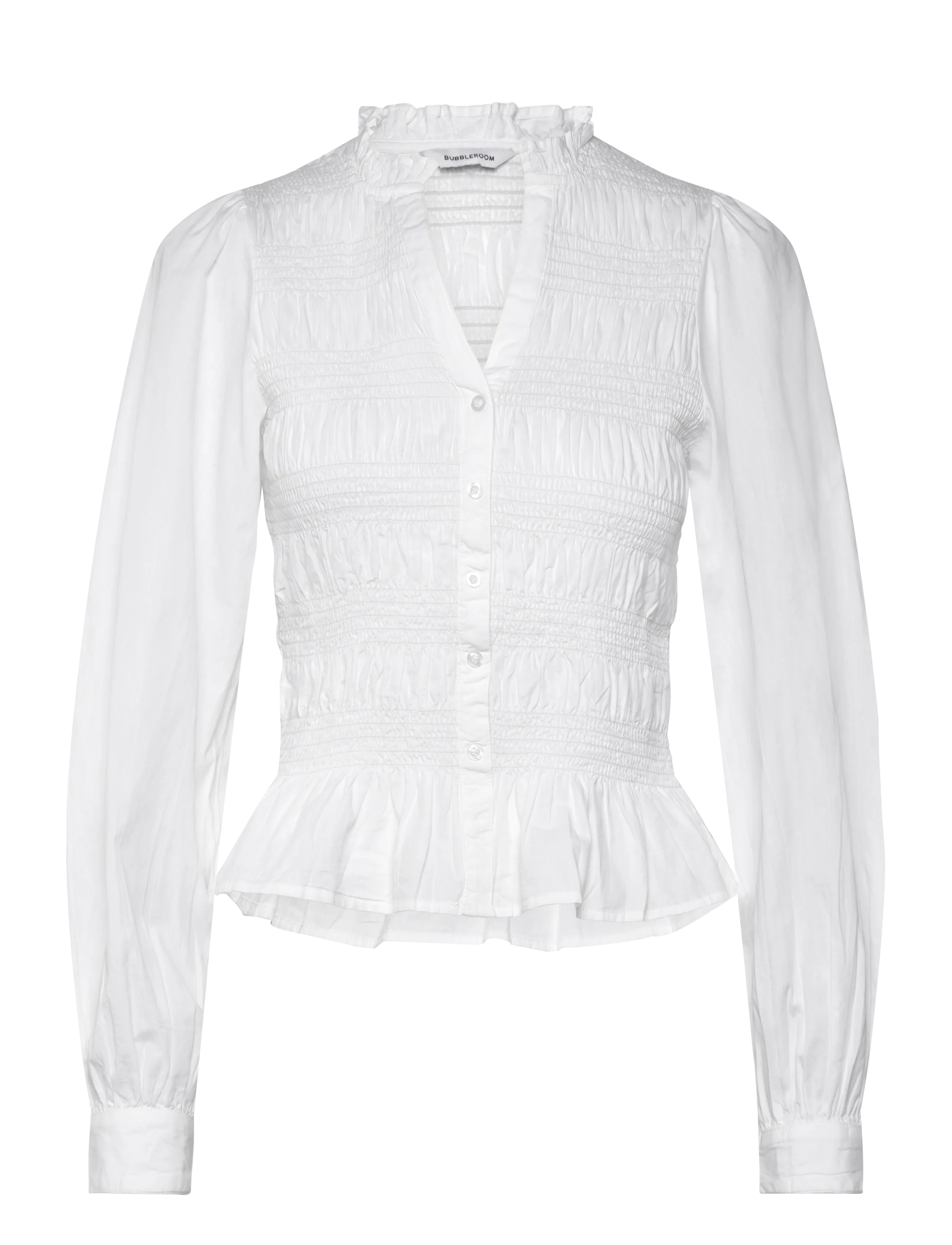 BUBBLEROOM V-Ausschnitt Baumwolle Smock Bluse Weiß - L - Damen