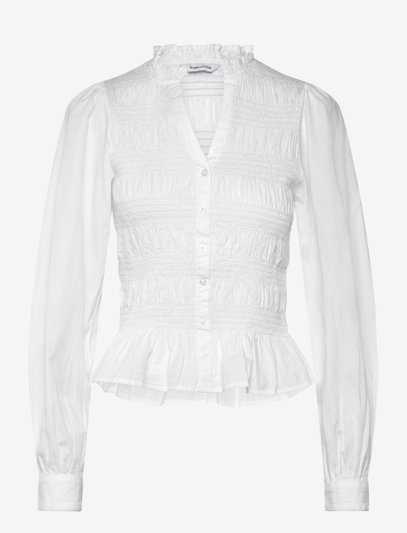 Bubbleroom - V-neck Cotton Smock Blouse - langärmlige blusen - white - 1