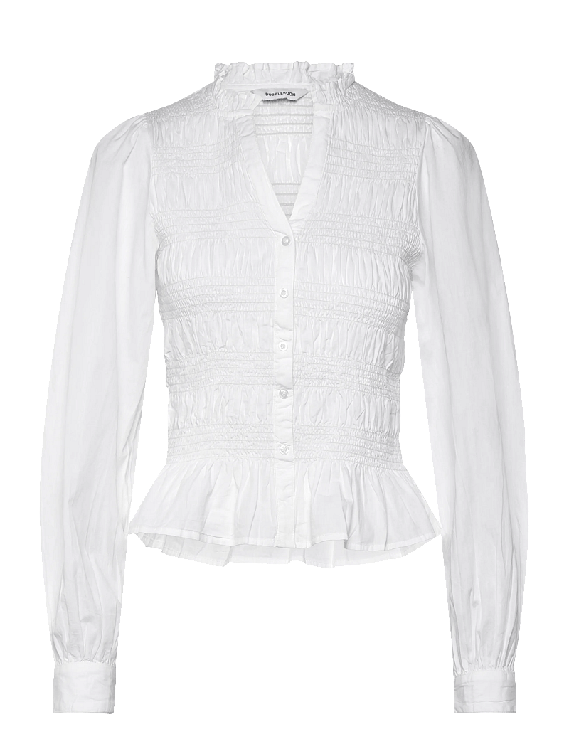 Bubbleroom - V-neck Cotton Smock Blouse - langärmlige blusen - white - 1