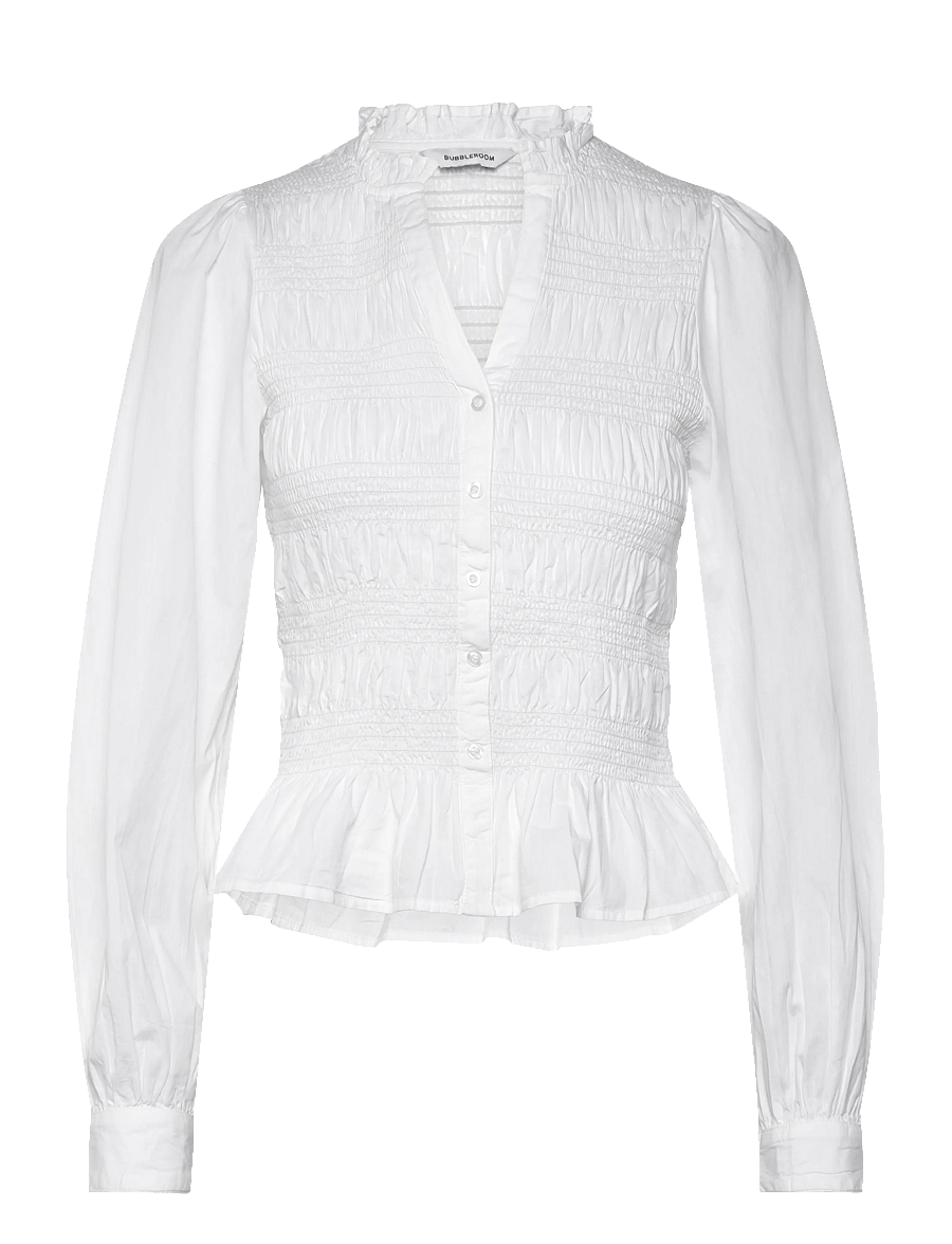 Bubbleroom - V-neck Cotton Smock Blouse - blouses à manches longues - white - 1