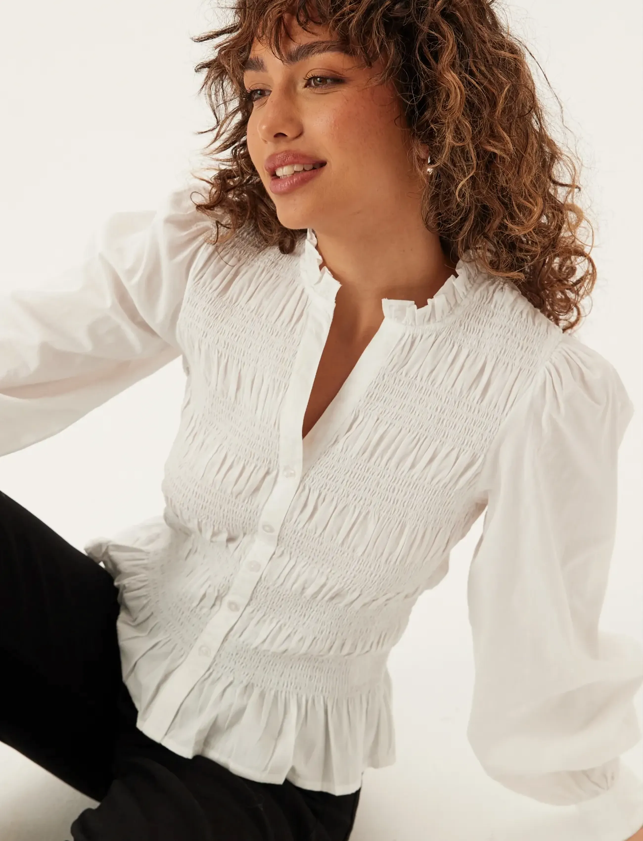 Bubbleroom V-Neck Cotton Smock Blouse, L, White, Bluser > Langærmede, Dame