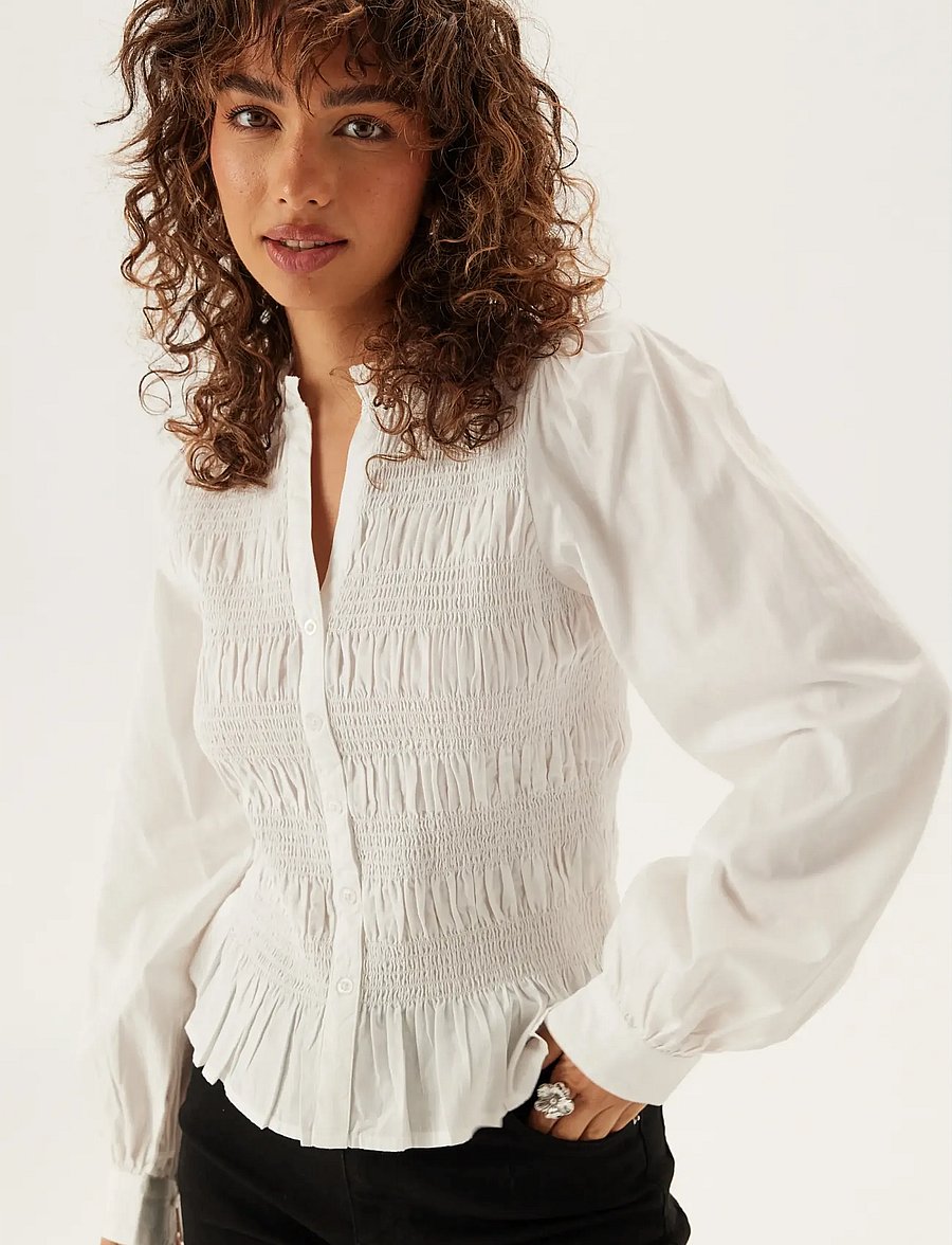Bubbleroom - V-neck Cotton Smock Blouse - blouses à manches longues - white - 3
