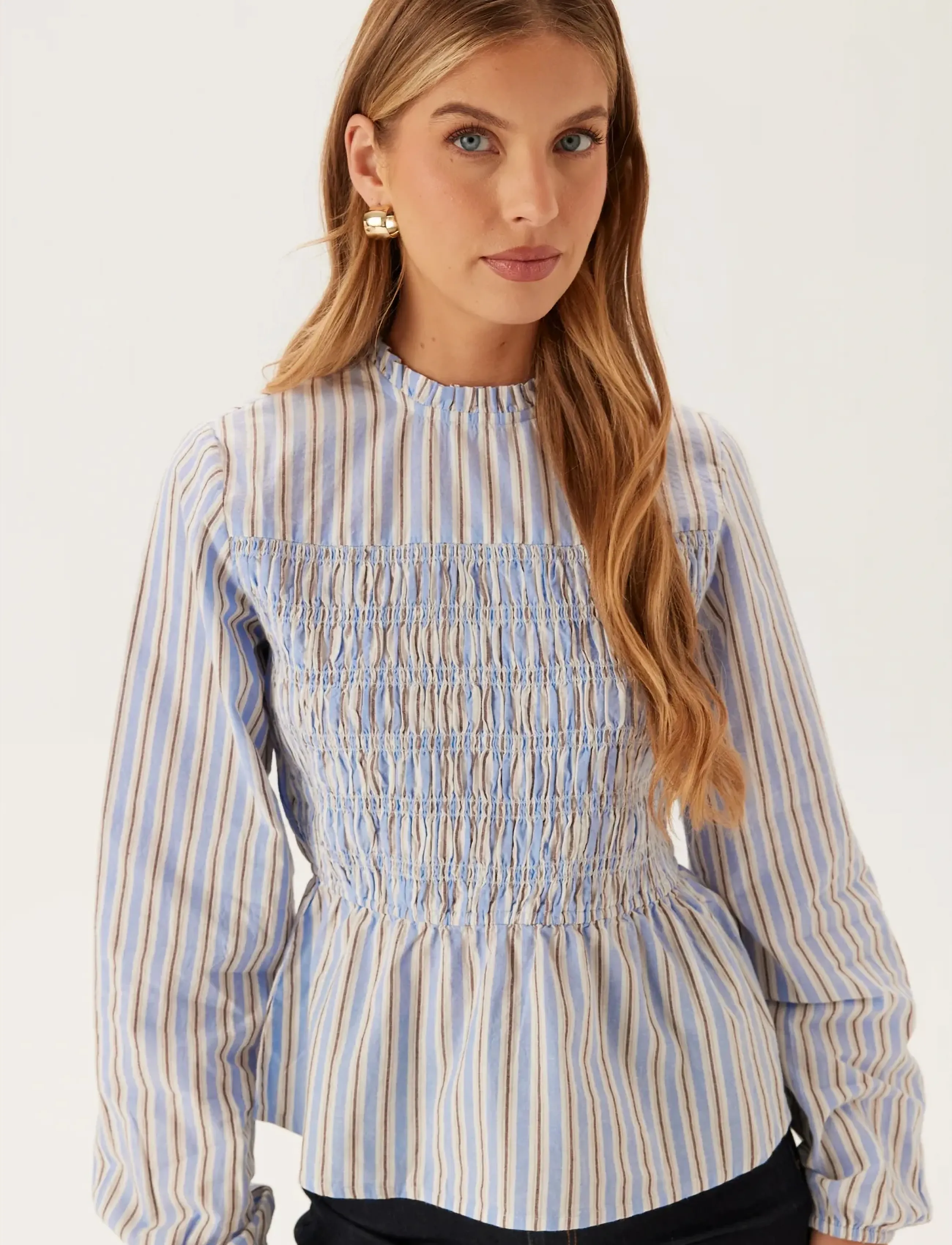 Bubbleroom Smock Cotton Blouse, XS, Blue, Bluser > Langærmede, Dame