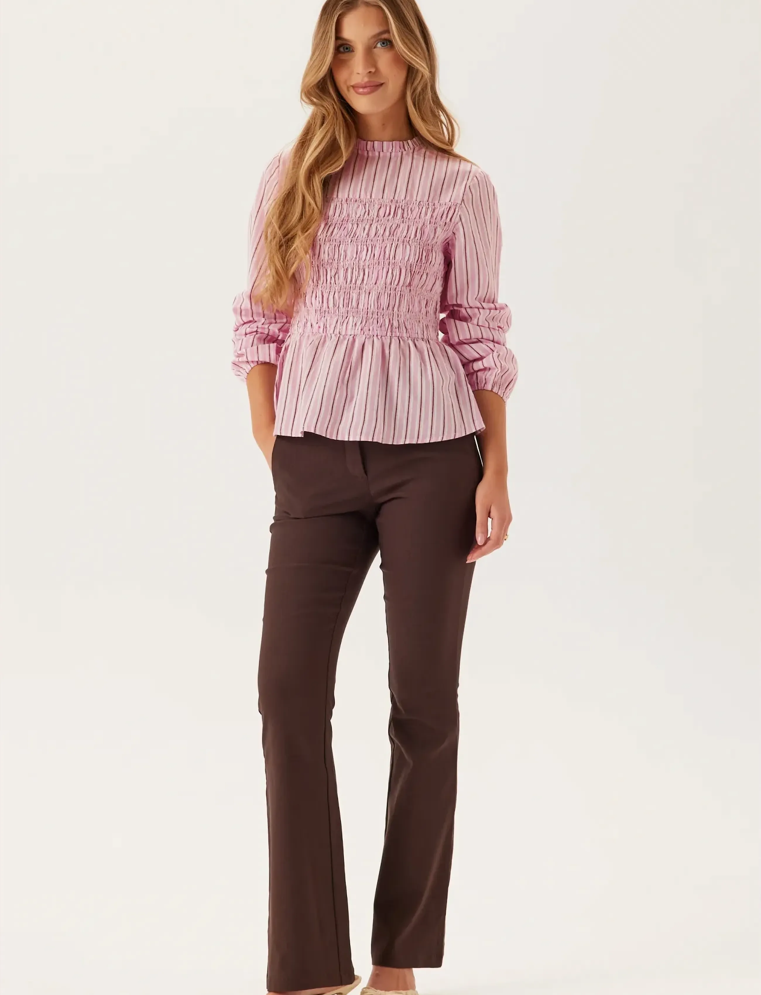 Bubbleroom Smock Cotton Blouse - Bluser - LIGHT PINK/STRIPED / pink/rose