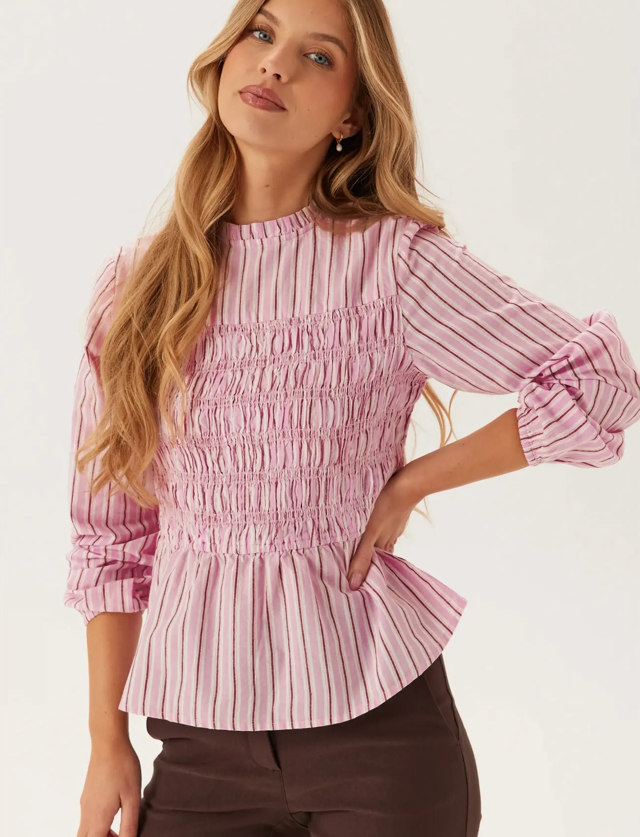 Bubbleroom - Smock Cotton Blouse - long sleeved blouses - light pink/striped - 3