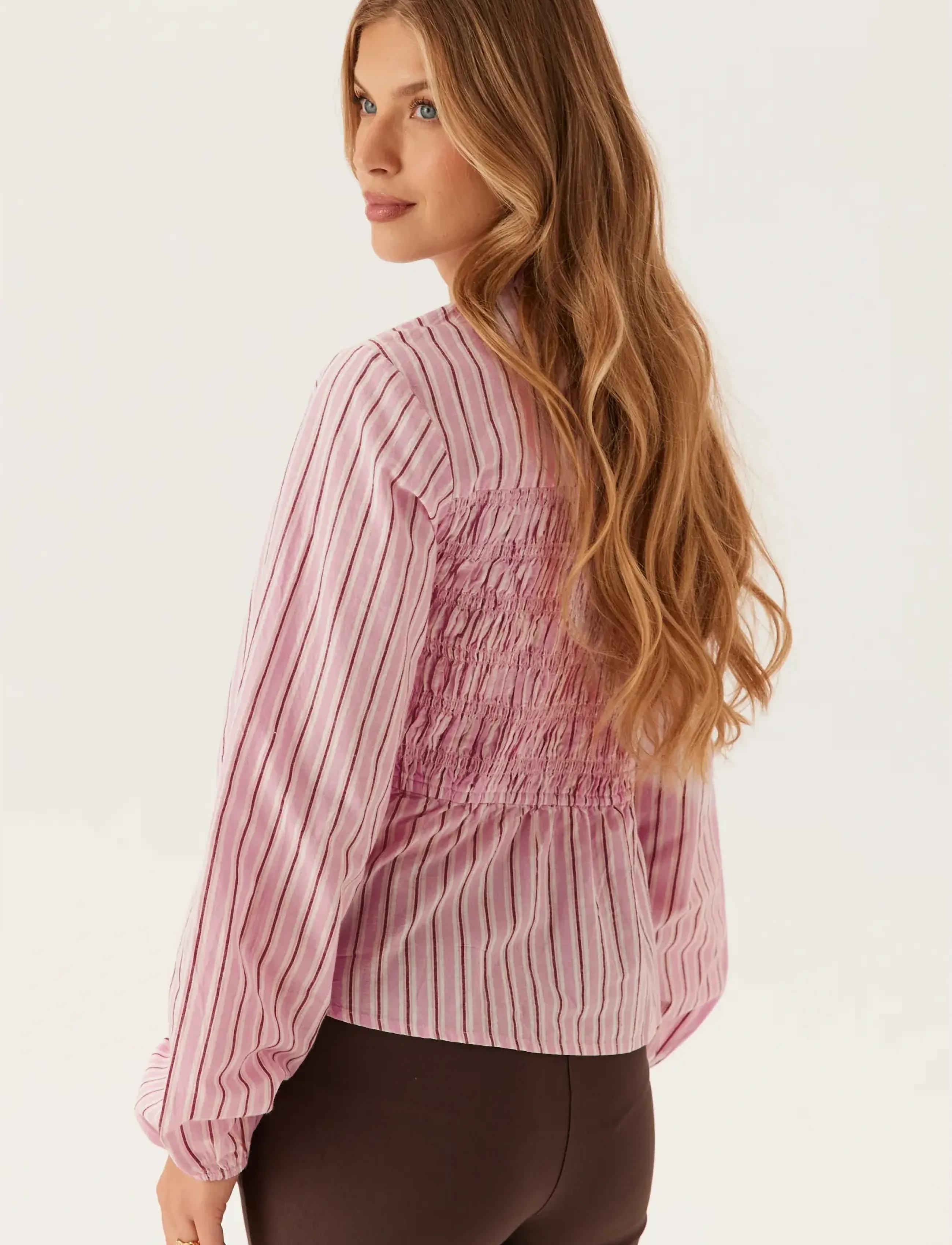 Bubbleroom - Smock Cotton Blouse - long sleeved blouses - light pink/striped - 4