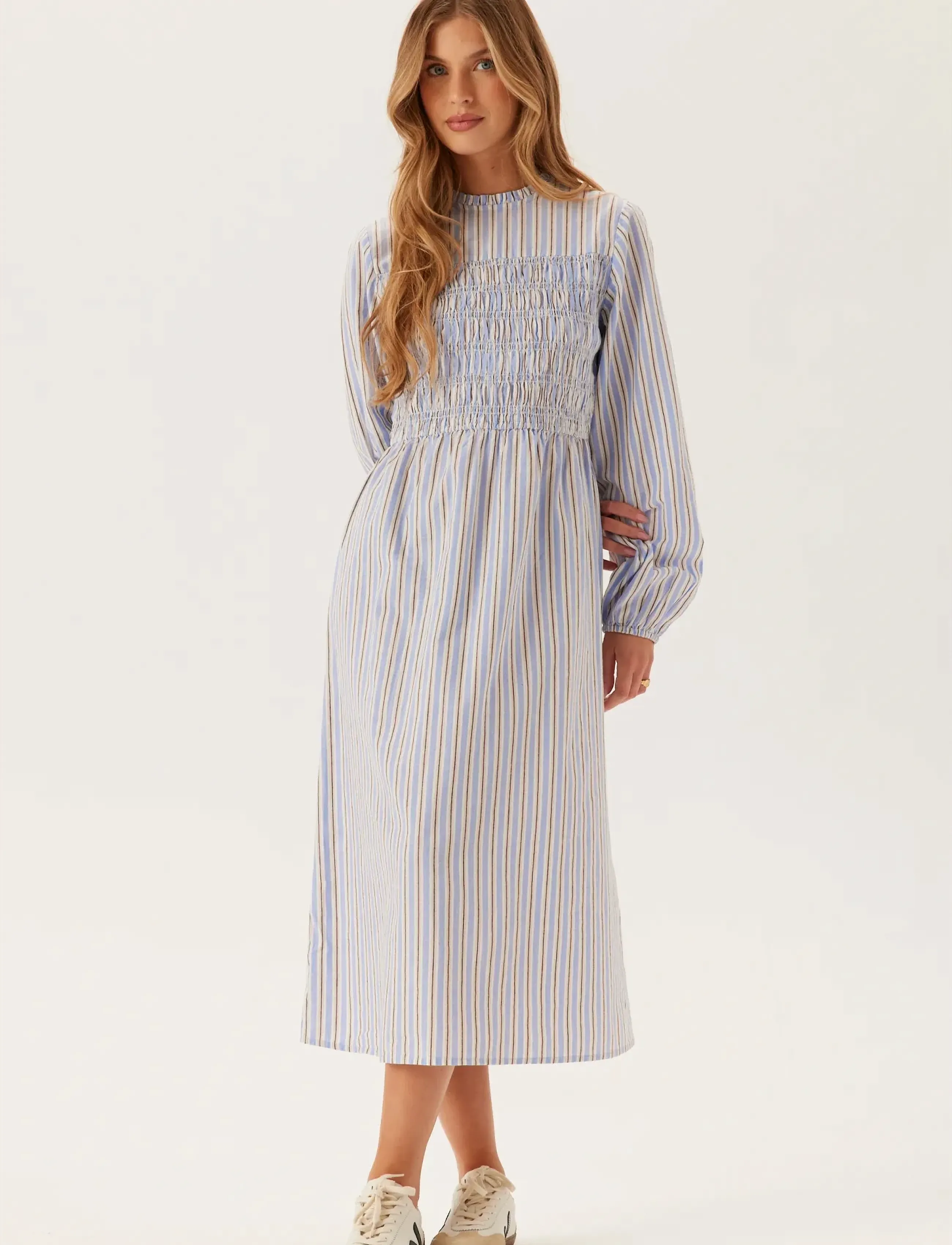 Bubbleroom Smock Cotton Dress - Riided - BLUE/STRIPED / blue