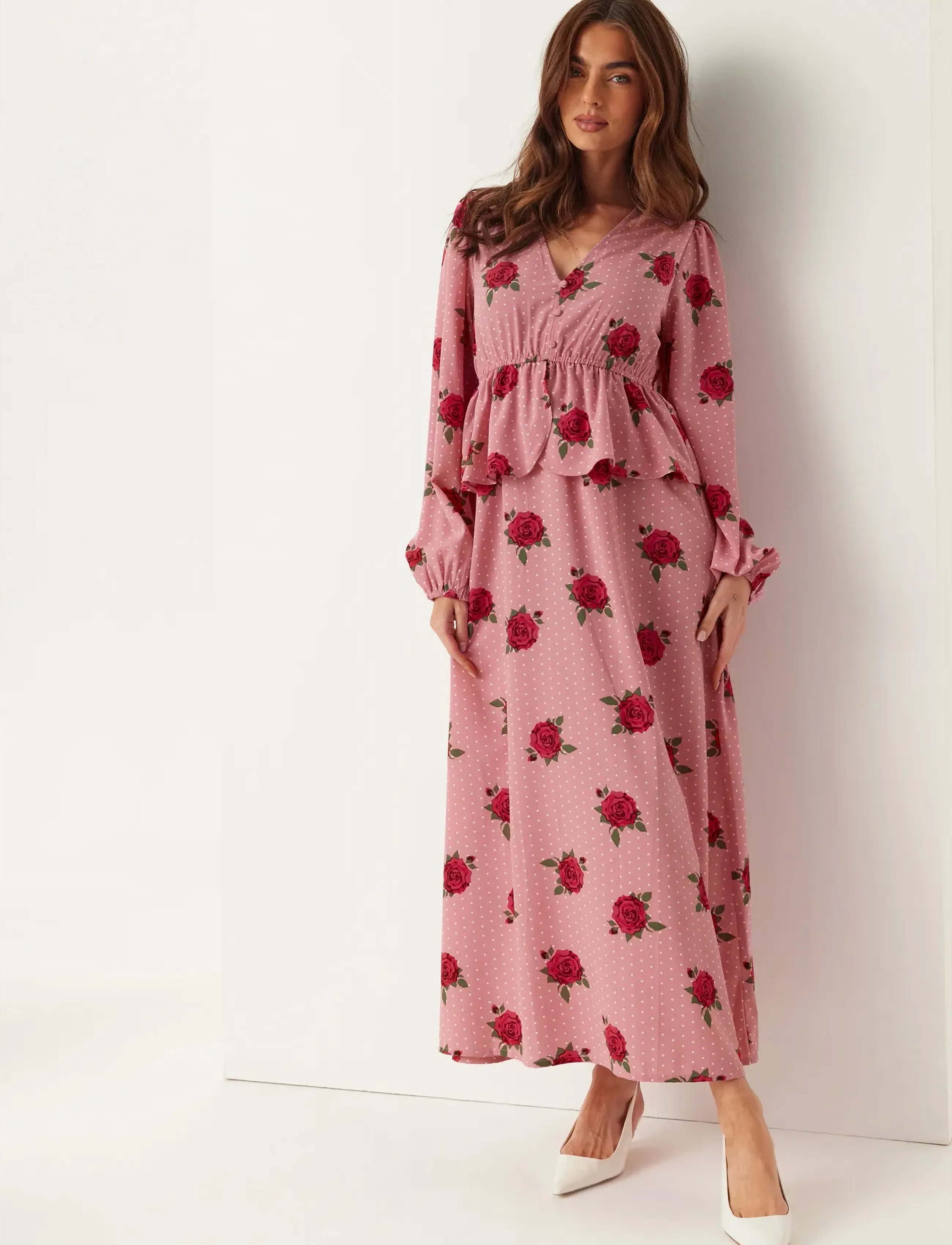 Bubbleroom V-neck Flounce Maxi Dress - Nyheder - PINK/PATTERNED / pink/rose
