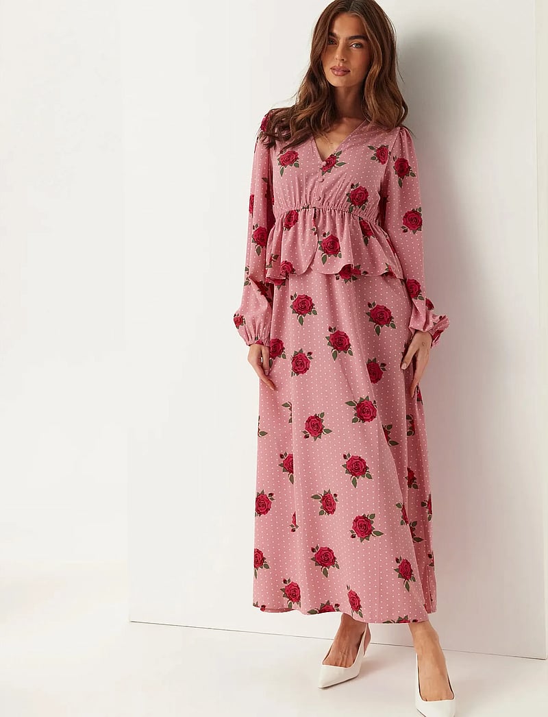 Bubbleroom - V-neck Flounce Maxi Dress - maxikleider - pink/patterned - 0
