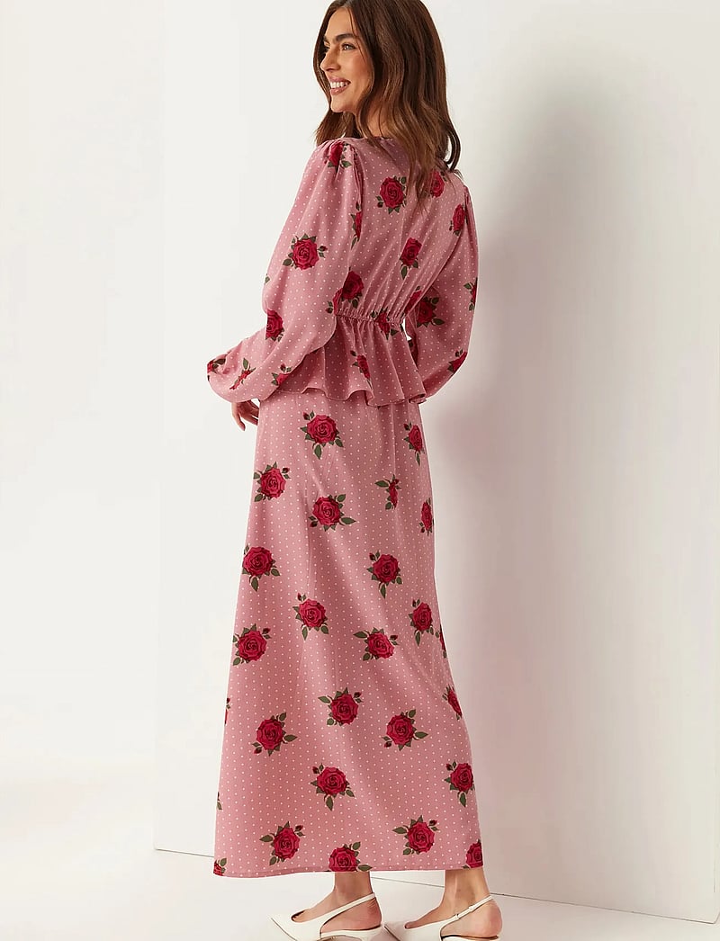 Bubbleroom - V-neck Flounce Maxi Dress - maxikleider - pink/patterned - 4