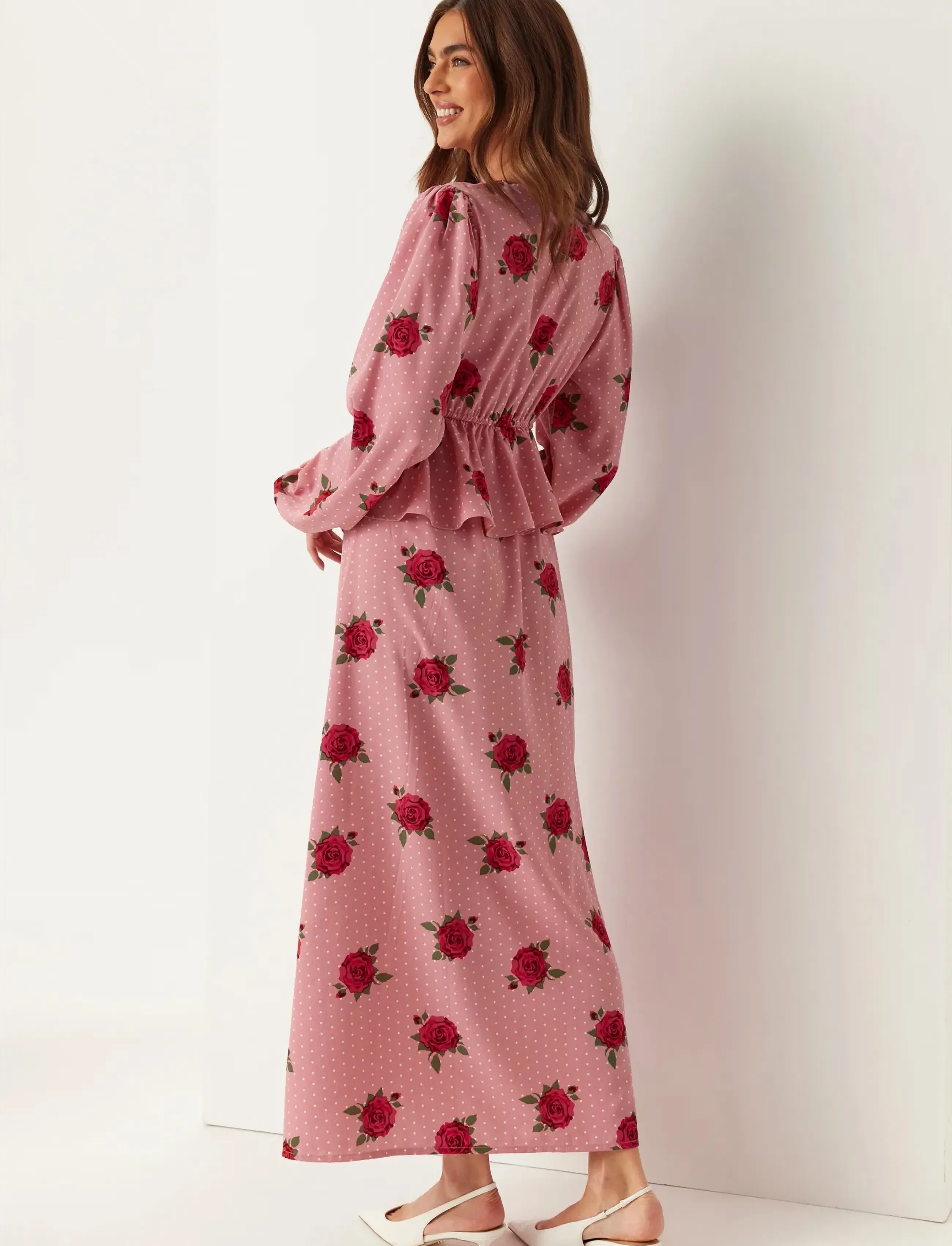 Bubbleroom - V-neck Flounce Maxi Dress - maxikleider - pink/patterned - 4