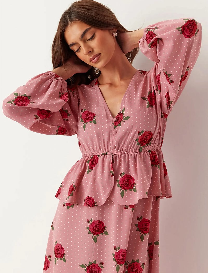 Bubbleroom - V-neck Flounce Maxi Dress - maxikleider - pink/patterned - 5