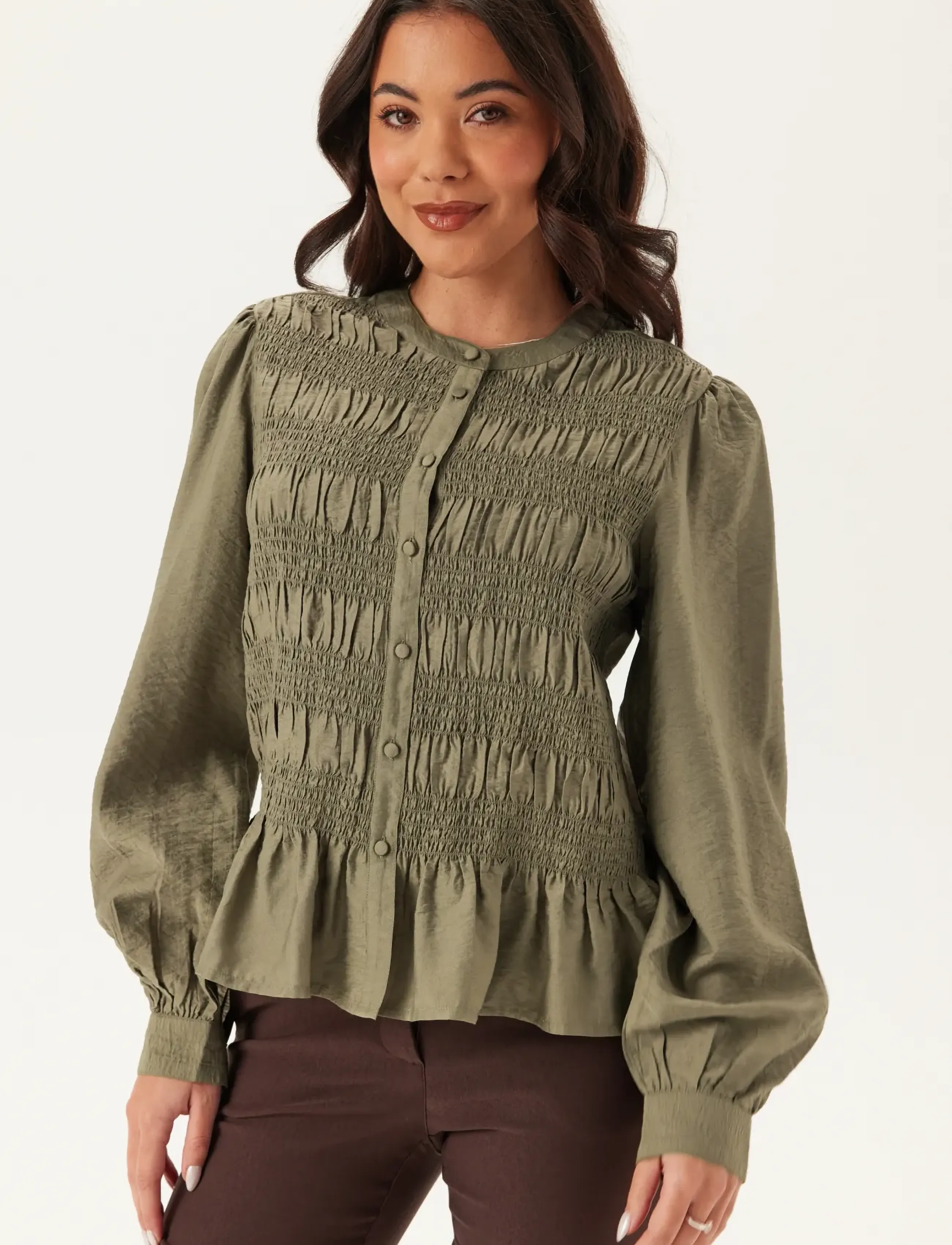 Bubbleroom Smock Blouse, Kvinder, Smock Bluse, Kakigrøn, Str: 44-46