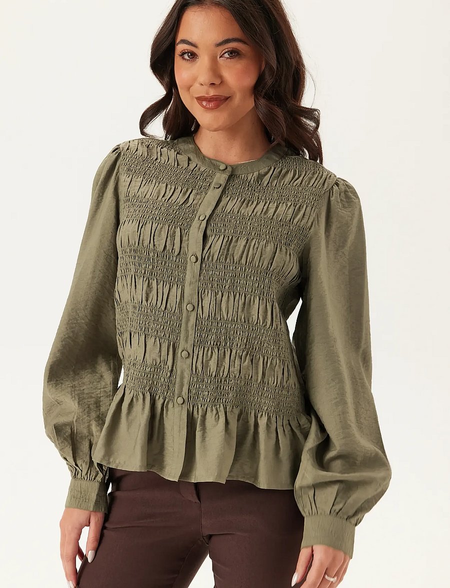 Bubbleroom - Smock Blouse - langerma blússur - khaki green - 0