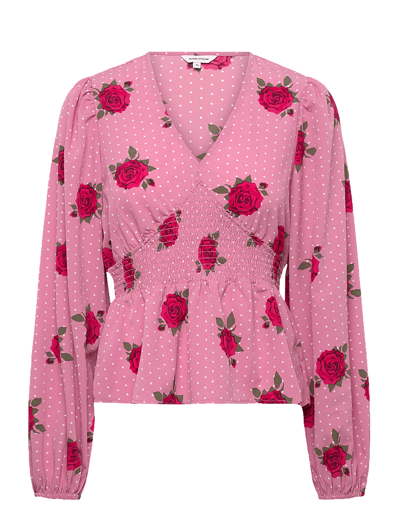 Bubbleroom - V-neck Smock Blouse - langærmede bluser - pink/patterned - 1