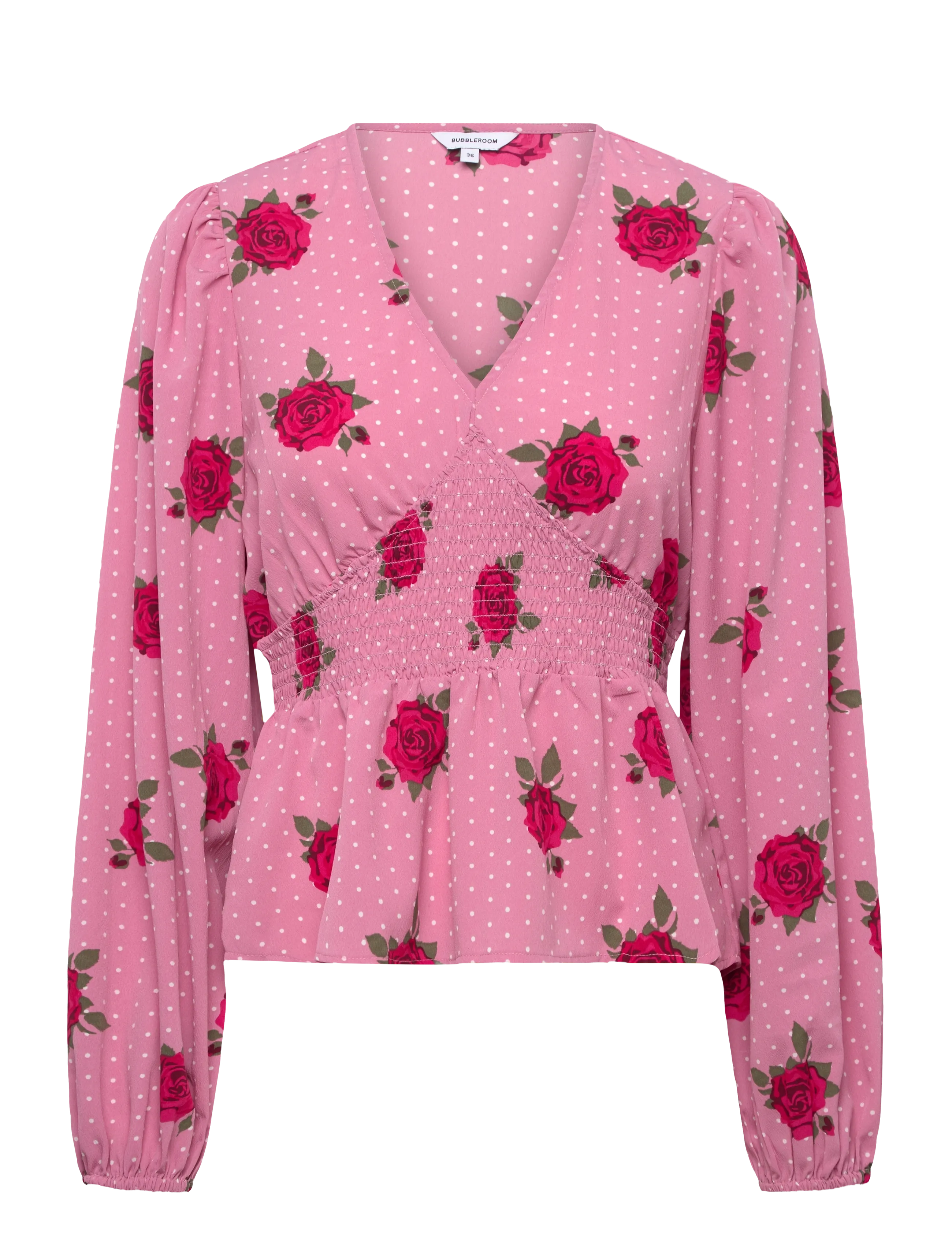 Bubbleroom V-neck Smock Blouse - Bluser - PINK/PATTERNED / pink/rose