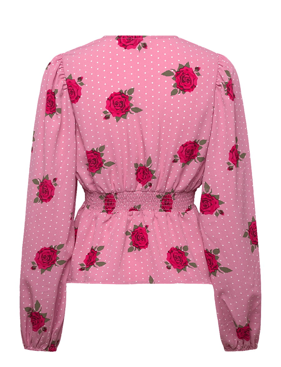 Bubbleroom - V-neck Smock Blouse - langärmelige blusen - pink/patterned - 2
