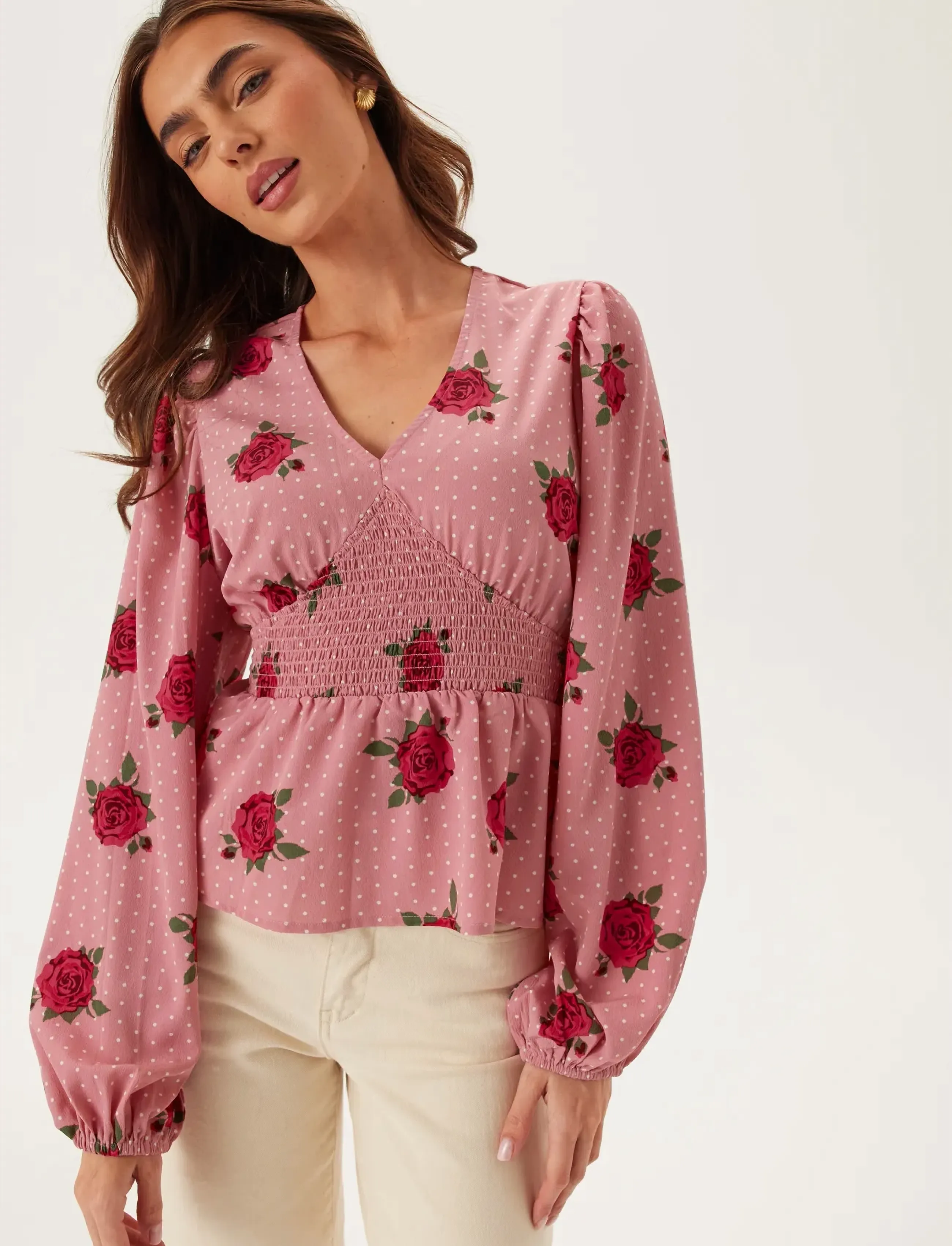 Bubbleroom V-neck Smock Blouse - Blusen & Hemden - PINK/PATTERNED / pink/rose