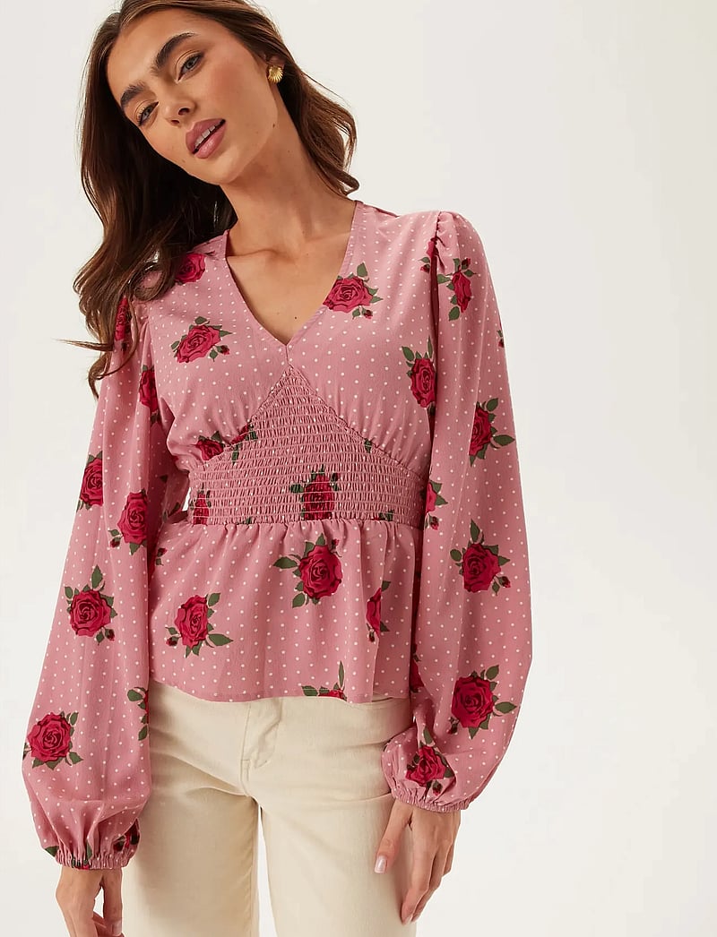 Bubbleroom - V-neck Smock Blouse - langærmede bluser - pink/patterned - 0