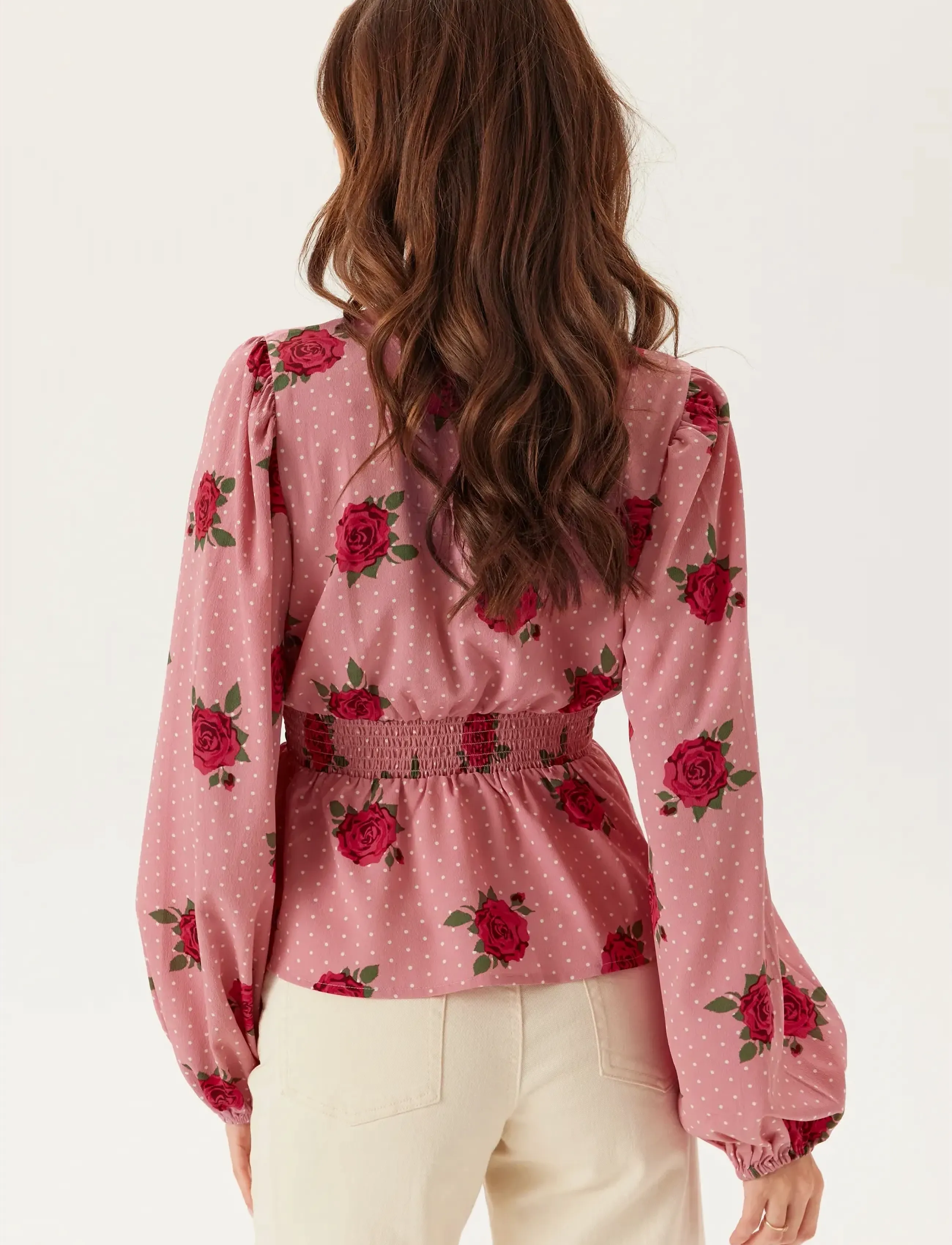 Bubbleroom - V-neck Smock Blouse - langärmlige blusen - pink/patterned - 3