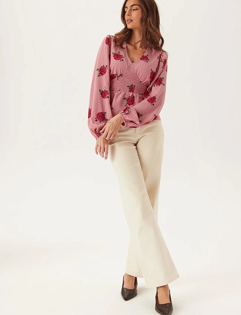 Bubbleroom - V-neck Smock Blouse - langærmede bluser - pink/patterned - 4