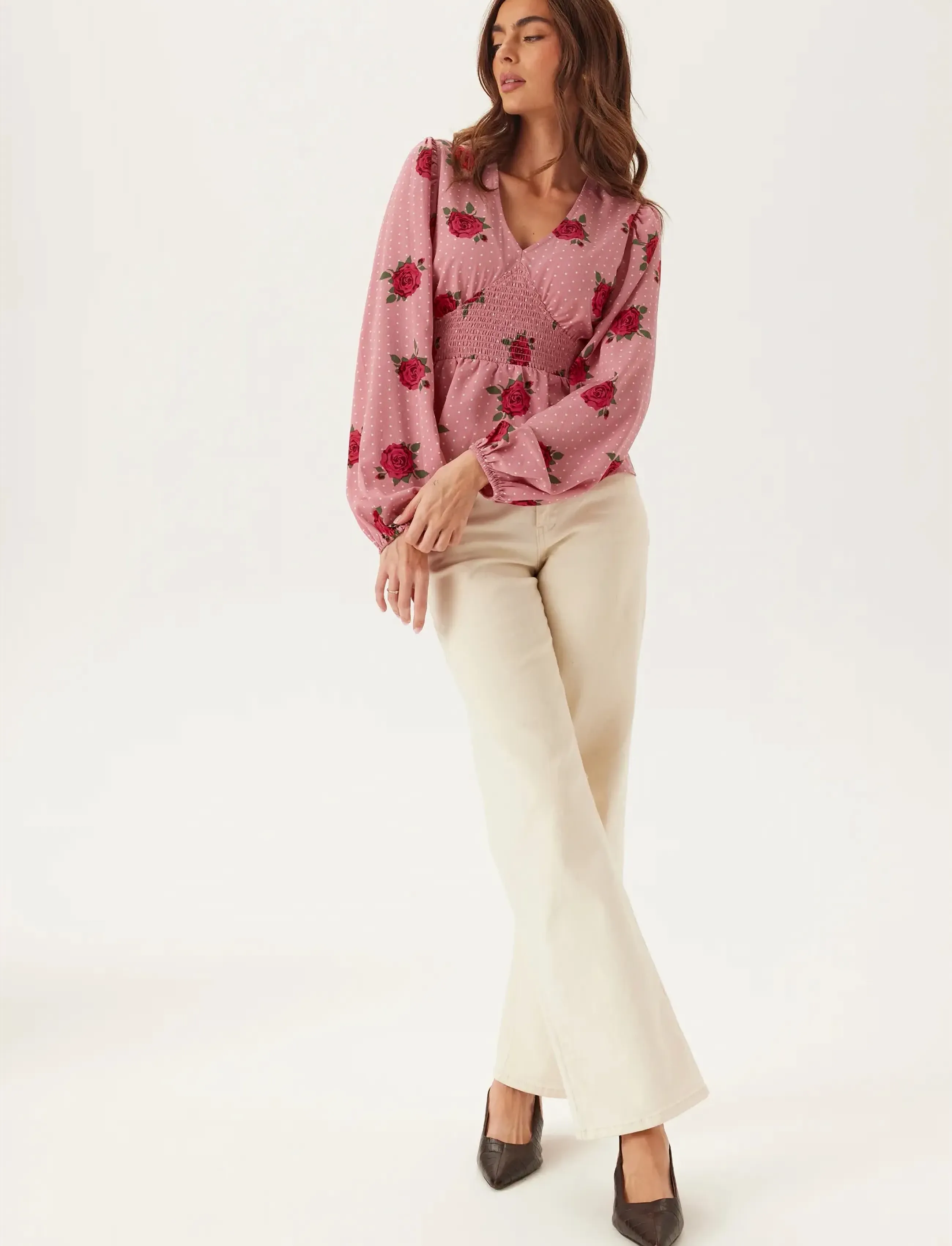 Bubbleroom - V-neck Smock Blouse - langärmlige blusen - pink/patterned - 4