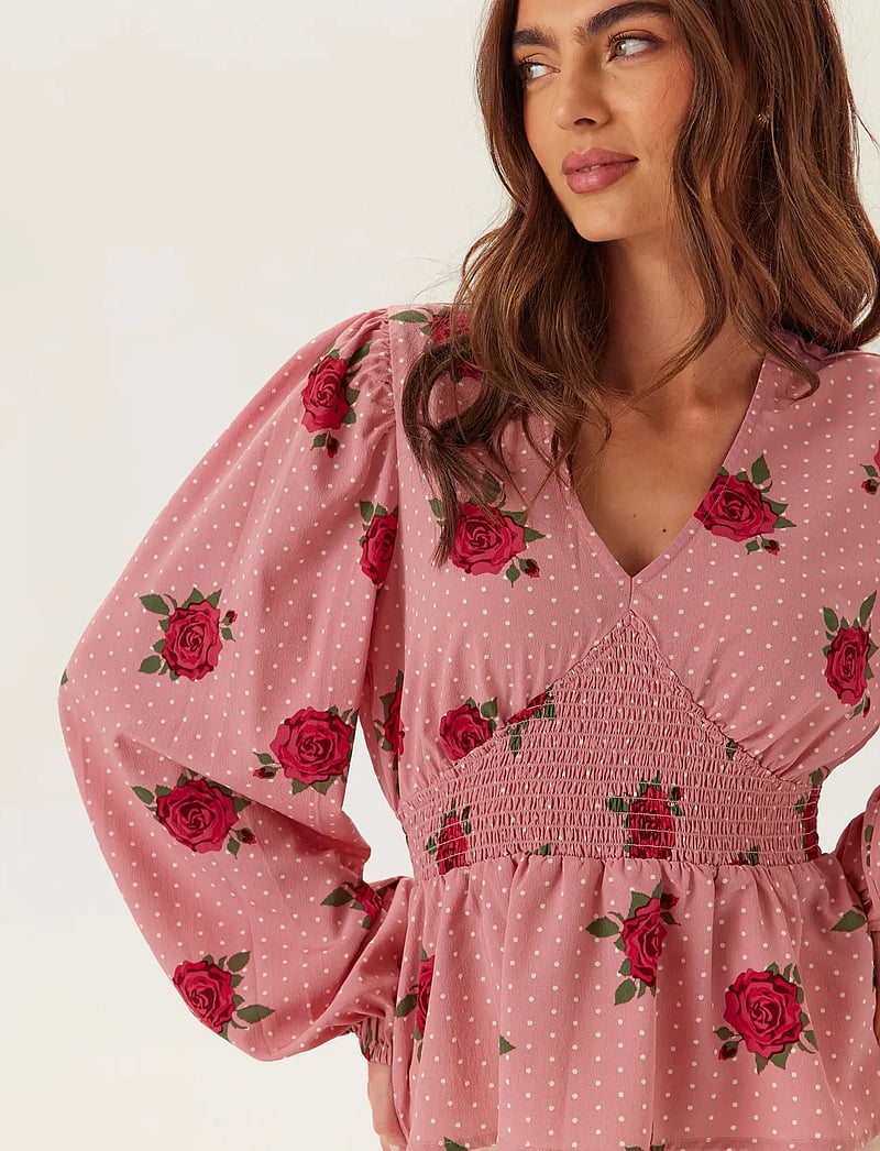 Bubbleroom - V-neck Smock Blouse - langærmede bluser - pink/patterned - 5
