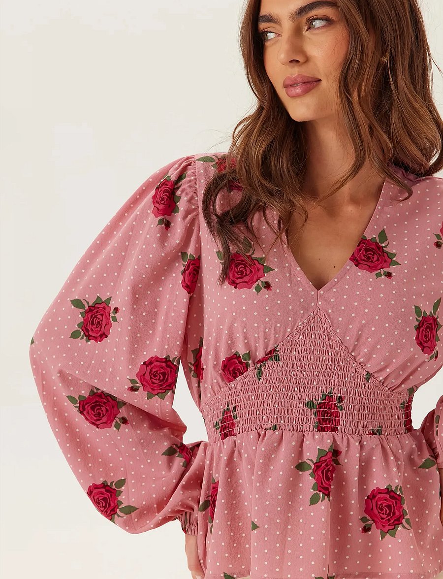 Bubbleroom - V-neck Smock Blouse - langärmelige blusen - pink/patterned - 5
