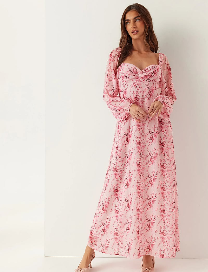 Bubbleroom - Twist Detail Maxi Dress - maksimekot - pink/floral - 3