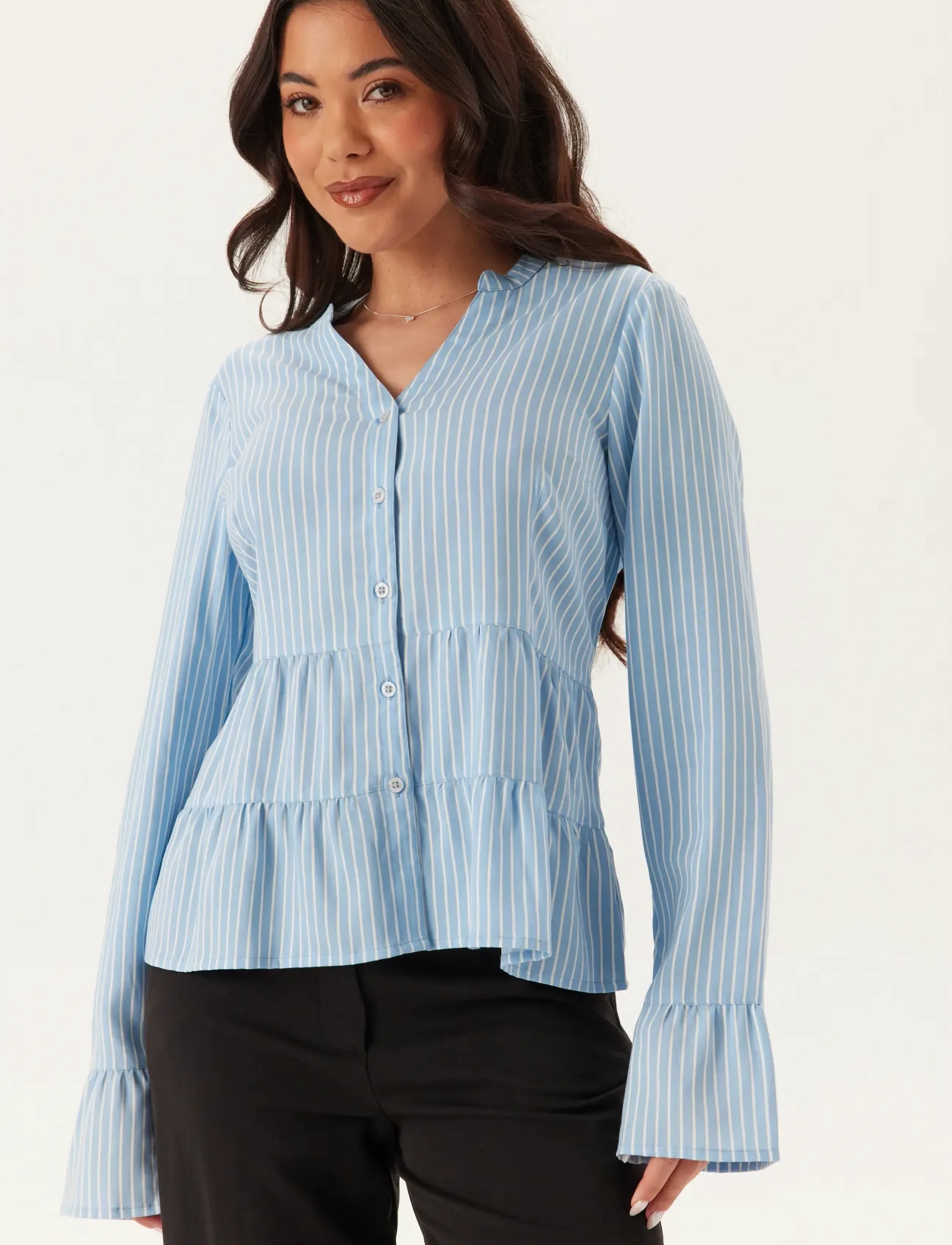 Bubbleroom Flounce Shirt - Särgid - BLUE/STRIPED / blue