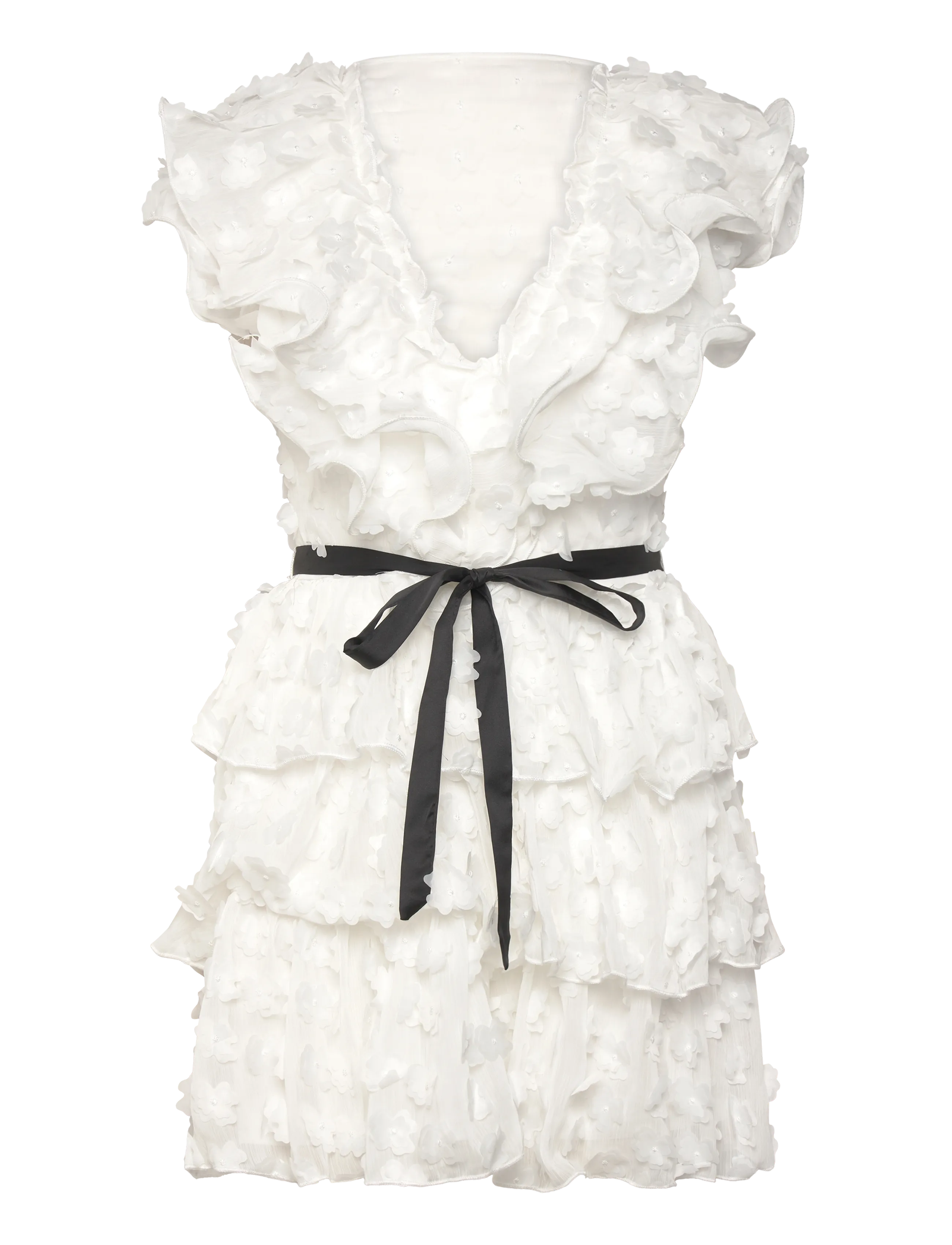 V-neck Frill Floral Dress - WHITE