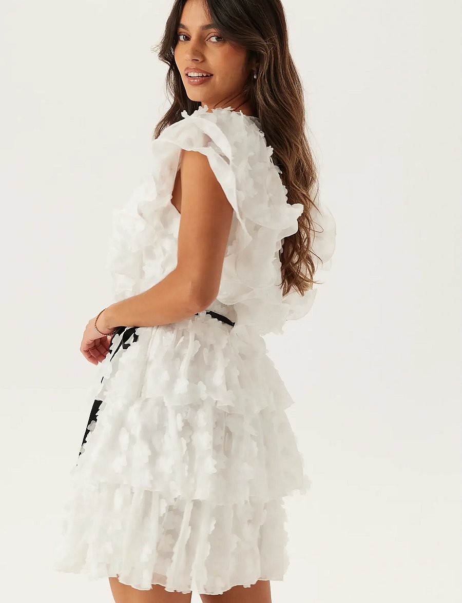 Bubbleroom - V-neck Frill Floral Dress - cocktailkjoler - white - 3