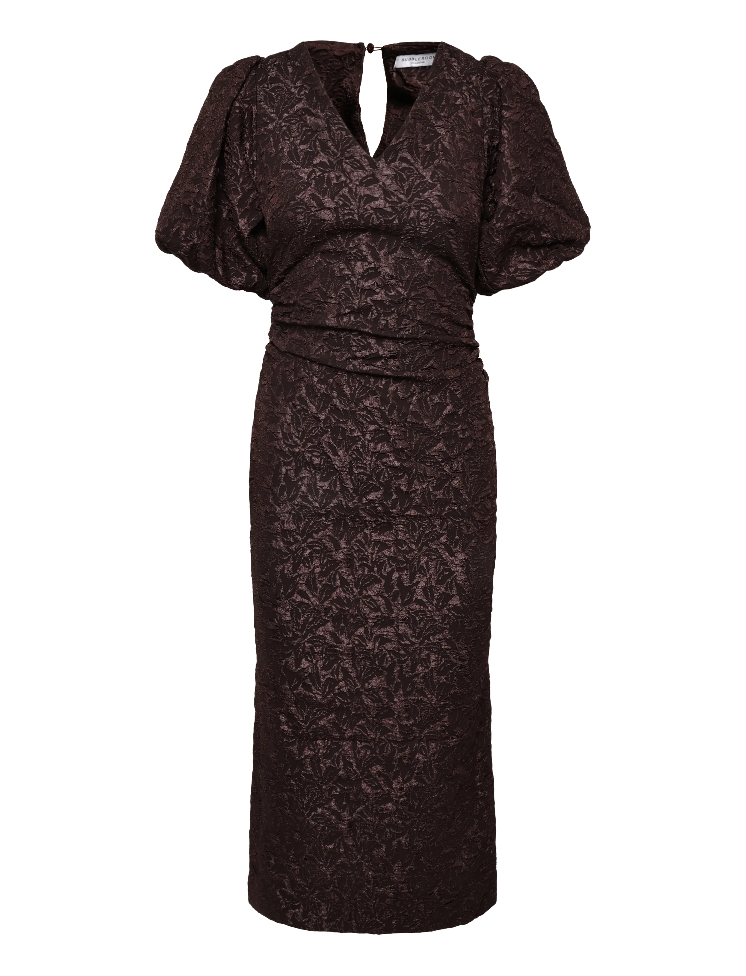 Bubbleroom - Puff Sleeve Jacquard Midi Dress - sommerkjoler - brown - 1