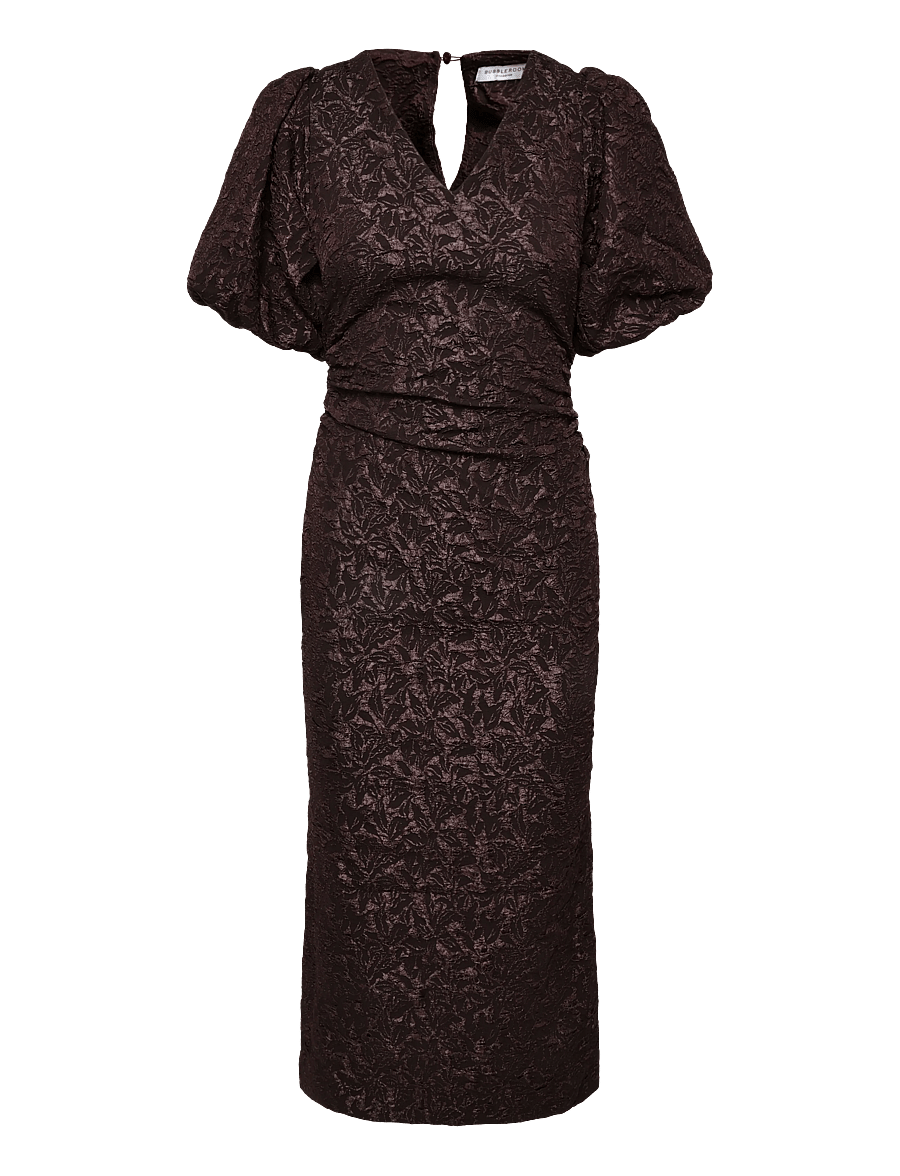 Bubbleroom - Puff Sleeve Jacquard Midi Dress - sommerkjoler - brown - 1