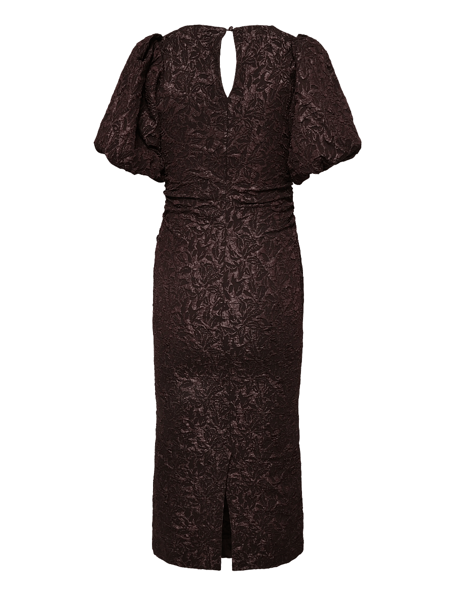 Bubbleroom - Puff Sleeve Jacquard Midi Dress - sommerkjoler - brown - 2