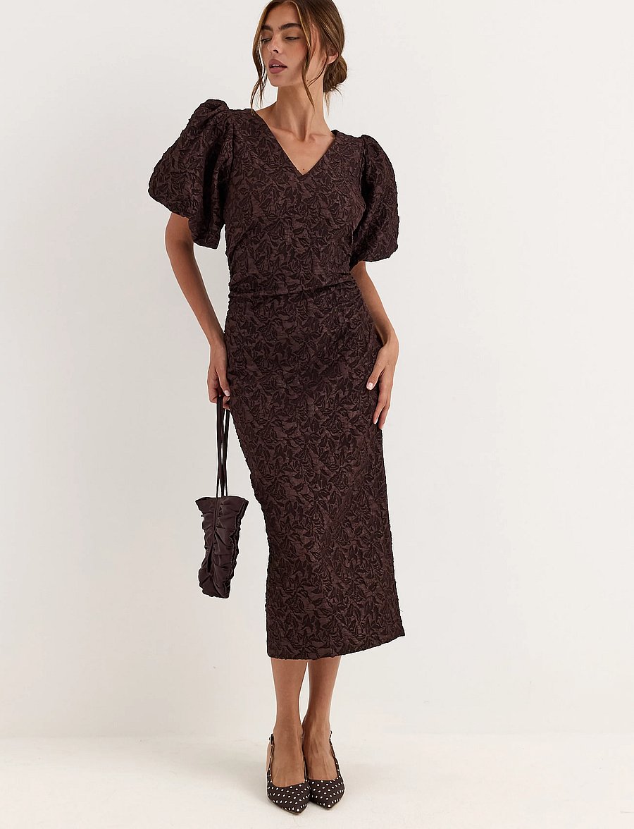 Bubbleroom - Puff Sleeve Jacquard Midi Dress - sommerkjoler - brown - 3