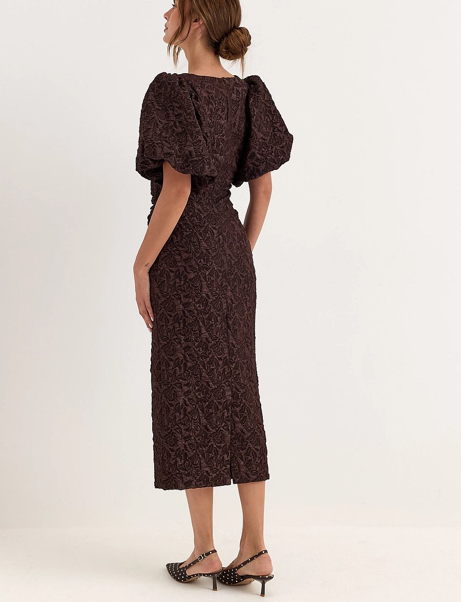 Bubbleroom - Puff Sleeve Jacquard Midi Dress - sommerkjoler - brown - 5