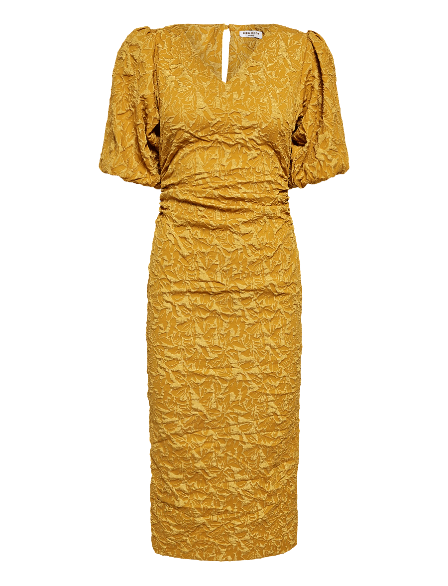 Bubbleroom - Puff Sleeve Jacquard Midi Dress - sommerkleider - golden yellow - 1