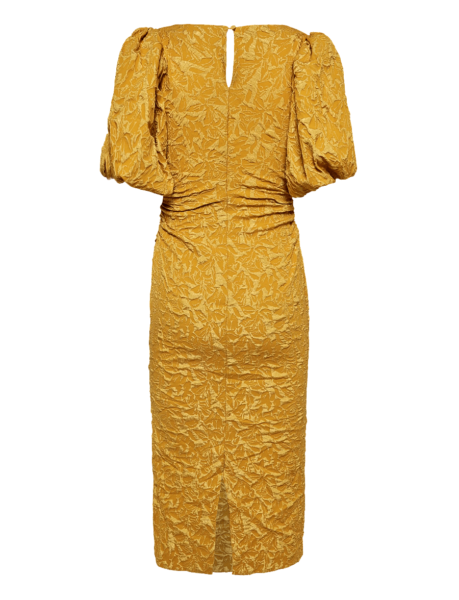 Bubbleroom - Puff Sleeve Jacquard Midi Dress - sommerkleider - golden yellow - 2