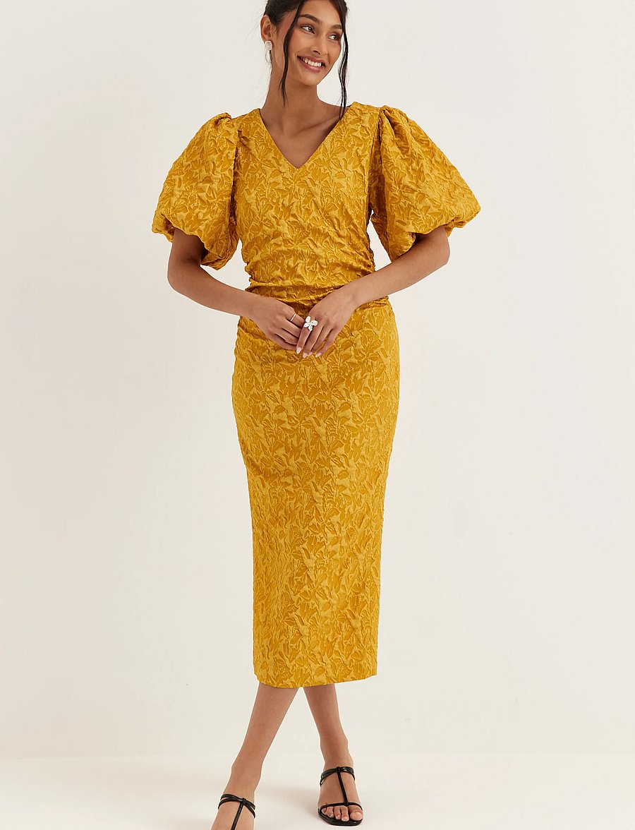 Bubbleroom - Puff Sleeve Jacquard Midi Dress - sommerkleider - golden yellow - 3