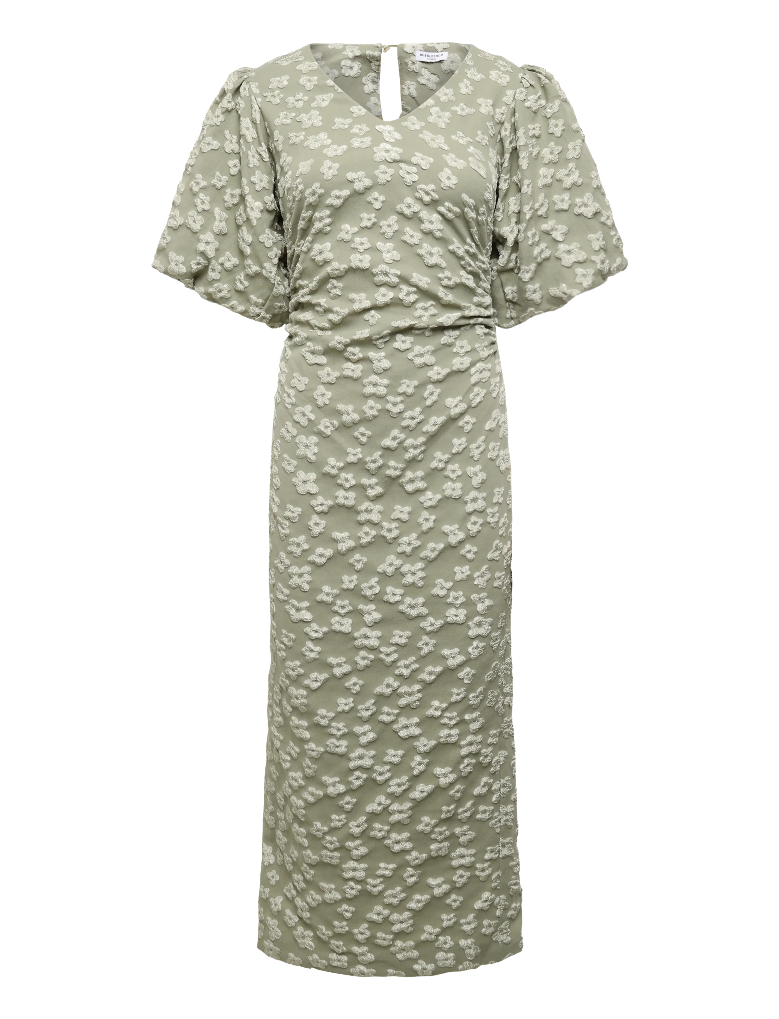 Bubbleroom - Puff Sleeve Jacquard Midi Dress - sommerkleider - light khaki green - 1